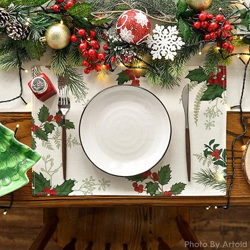 Miniatura 2 de Artoid Mode Holly - Juego de 4 manteles individuales de Navidad con cono de pino de 12 x 18 pulgadas, manteles individuales de invierno para