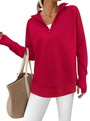 PRETTYGARDEN Womens Long Sleeve Quarter Zip Pullover Sweater Casual Loose V Neck Collared Ribbed Knit Jumper Tops Thumb Hole