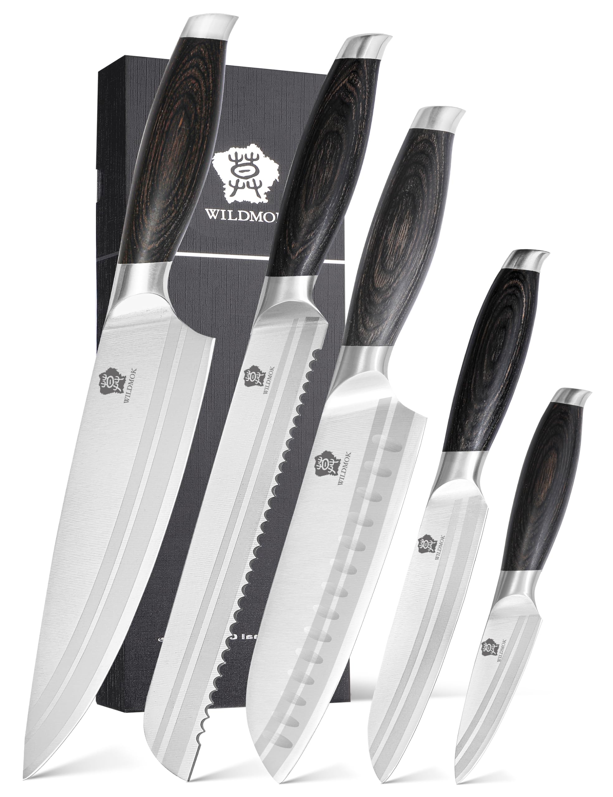 WILDMOK Professional Knife Set, 5 Pieces Kitchen Knife Set, German Stainless Steel Chef Knife Set withGift Box, Black Pakkawood Handle