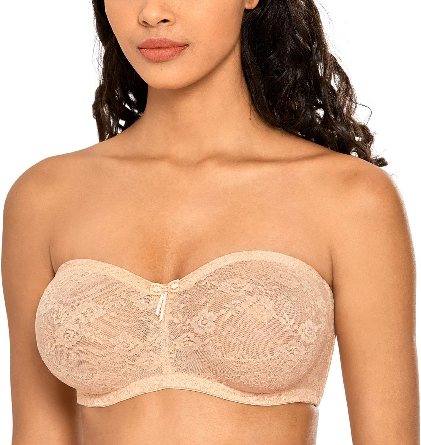 DOBREVA Women's Strapless Bras See Through Sheer Lace Non Padded Underwired Multiway Bra