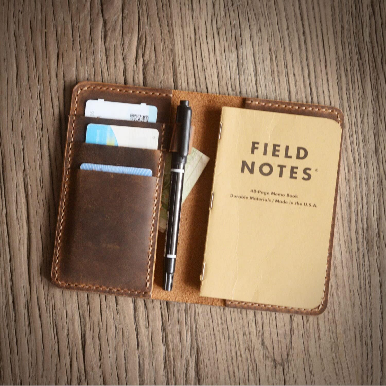 Leather Journal Cover for Field Notes/Moleskine Cahier Pocket size 3.5" x 5.5" with pen holder Refillable Distressed Brown 308