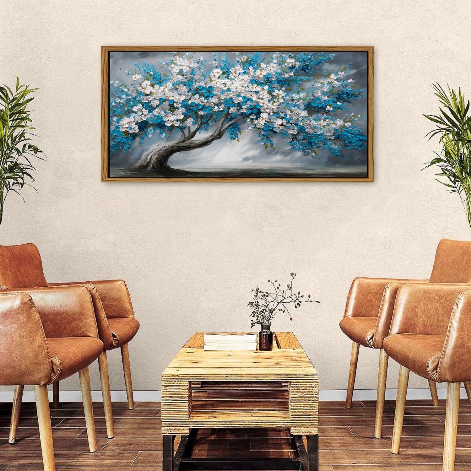 Framed White Blue Tree Wall Art Tree of Life Picture for Living Room Colorful Flower Decor Abstract Nature Scenery Texture Prints Canvas Painting Watercolor Artwork Bedroom Kitchen Decoration 24x48