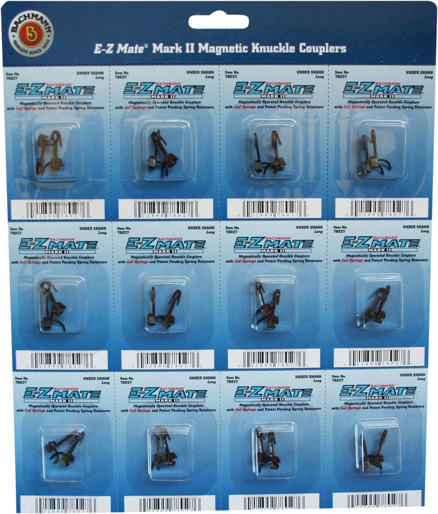 Bachmann Trains E - Z Mate Mark II Magnetic Knuckle Couplers with Metal Coil Spring - Under Shank - Long (12 Coupler pairs per card) - HO Scale