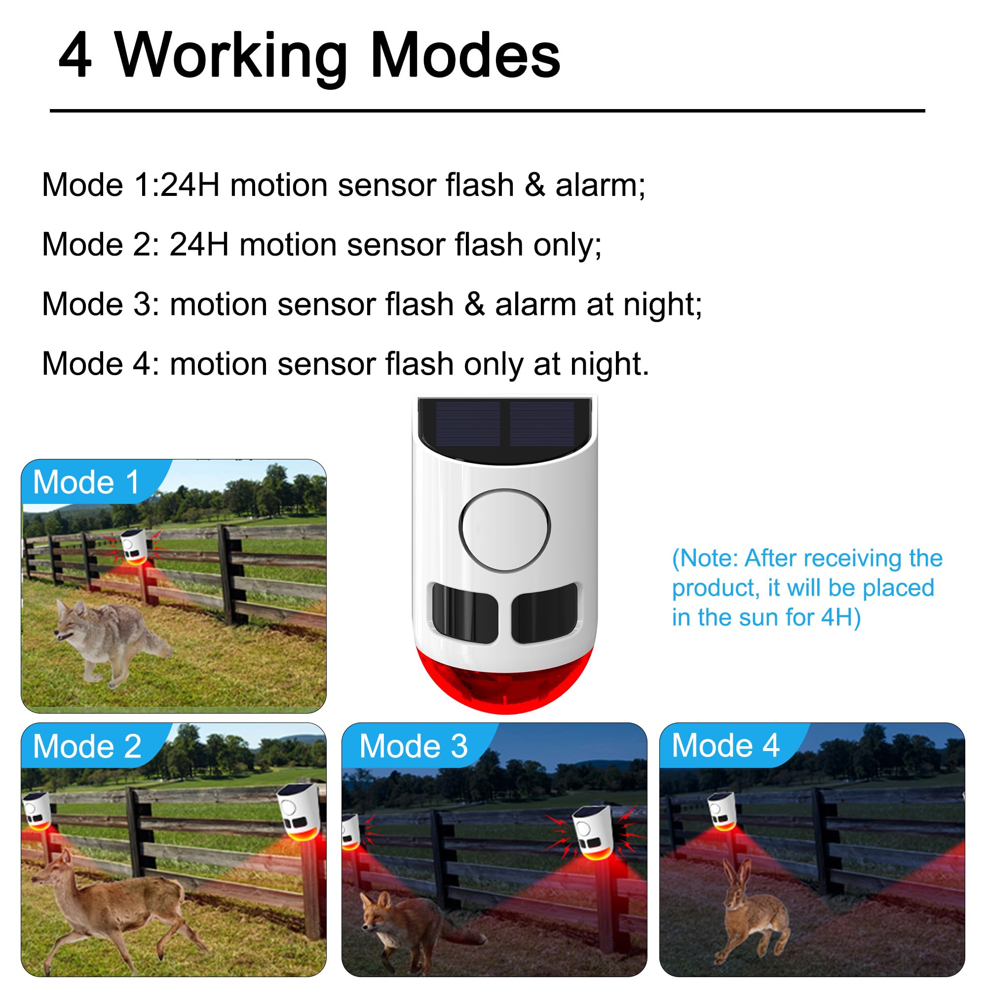 Alarma Solar con Sensor de Movimiento para Exteriores, 110 dB, Fabricante de Ruido Fuerte, 4 Modos de Trabajo, luz estroboscópica con USB para el hogar, Villa, Patio, gallinero, Granja, Granero