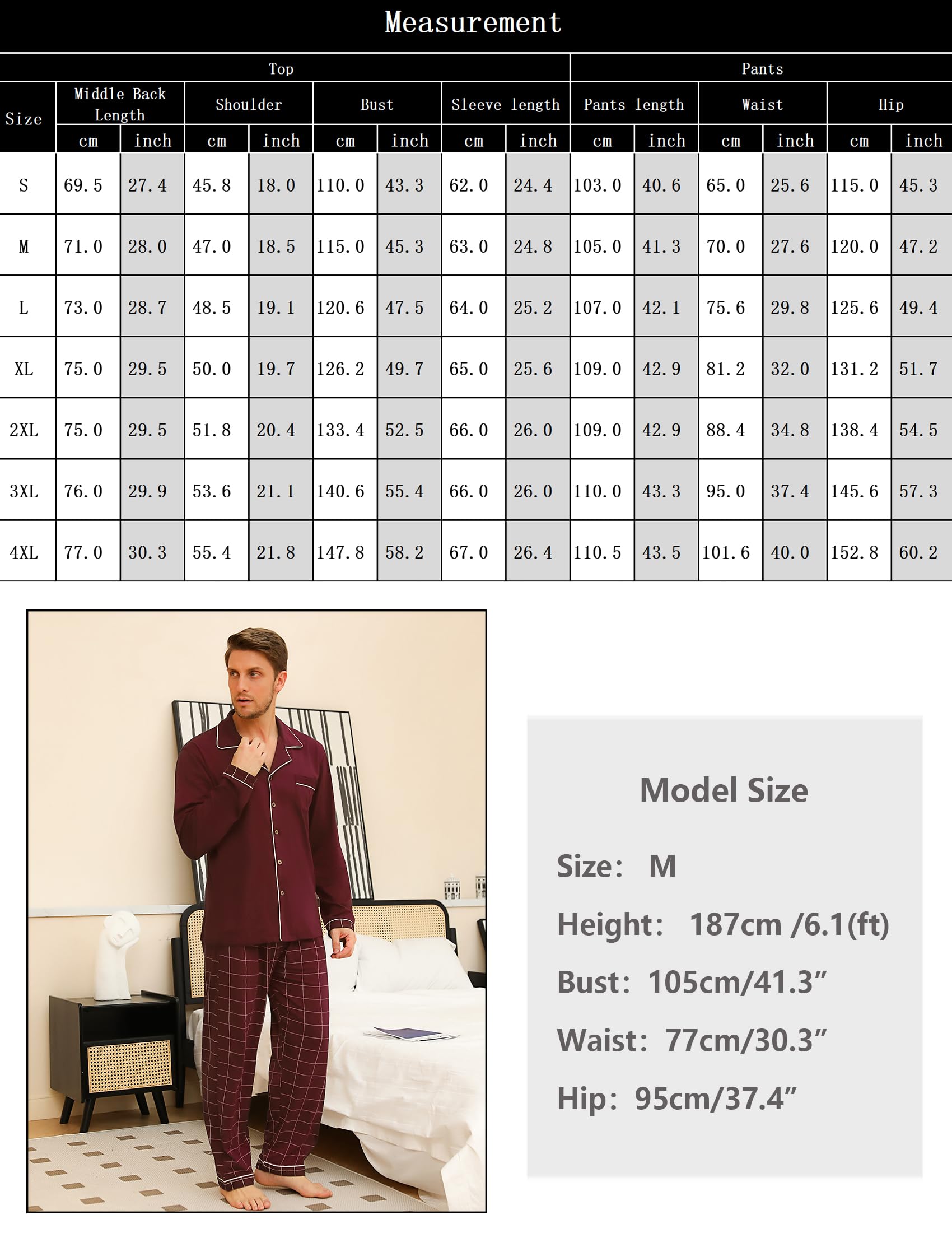 Bresdk Pijama Hombre Invierno Algodon con Botones Largos Manga Larga | Dos Piezas