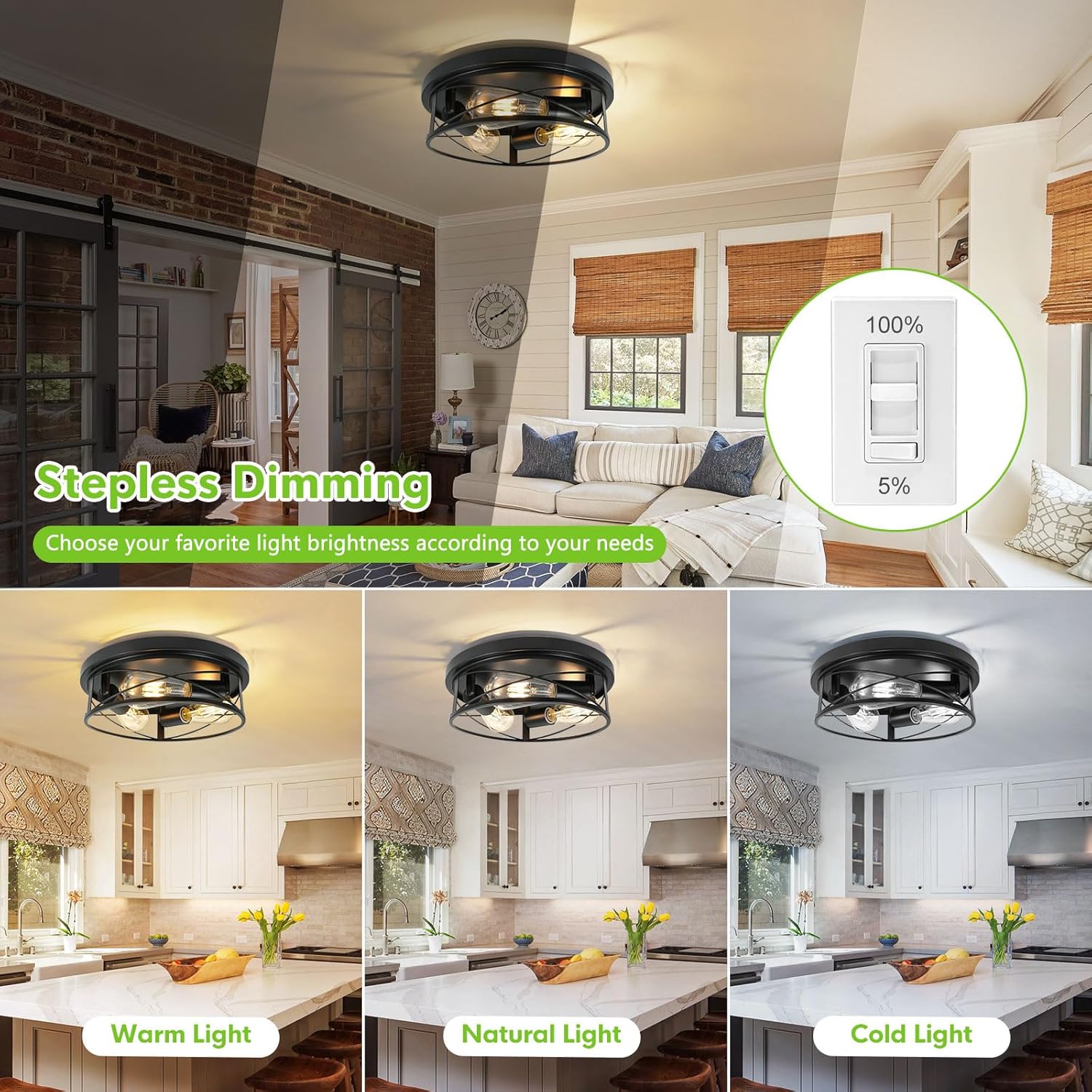 2 Pack Farmhouse Ceiling Light - 12 Inch Big Dimmable Rustic Black Flush Mount E26 Industrial Ceiling Modern Led Light for Hallway Bathroom Kitchen Bedroom (Black, 12 Inch)