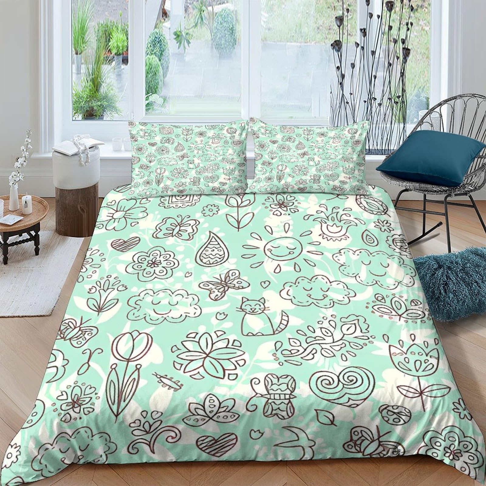 Housse de couette papillon tulipe 200x200cm avec taies d'oreiller