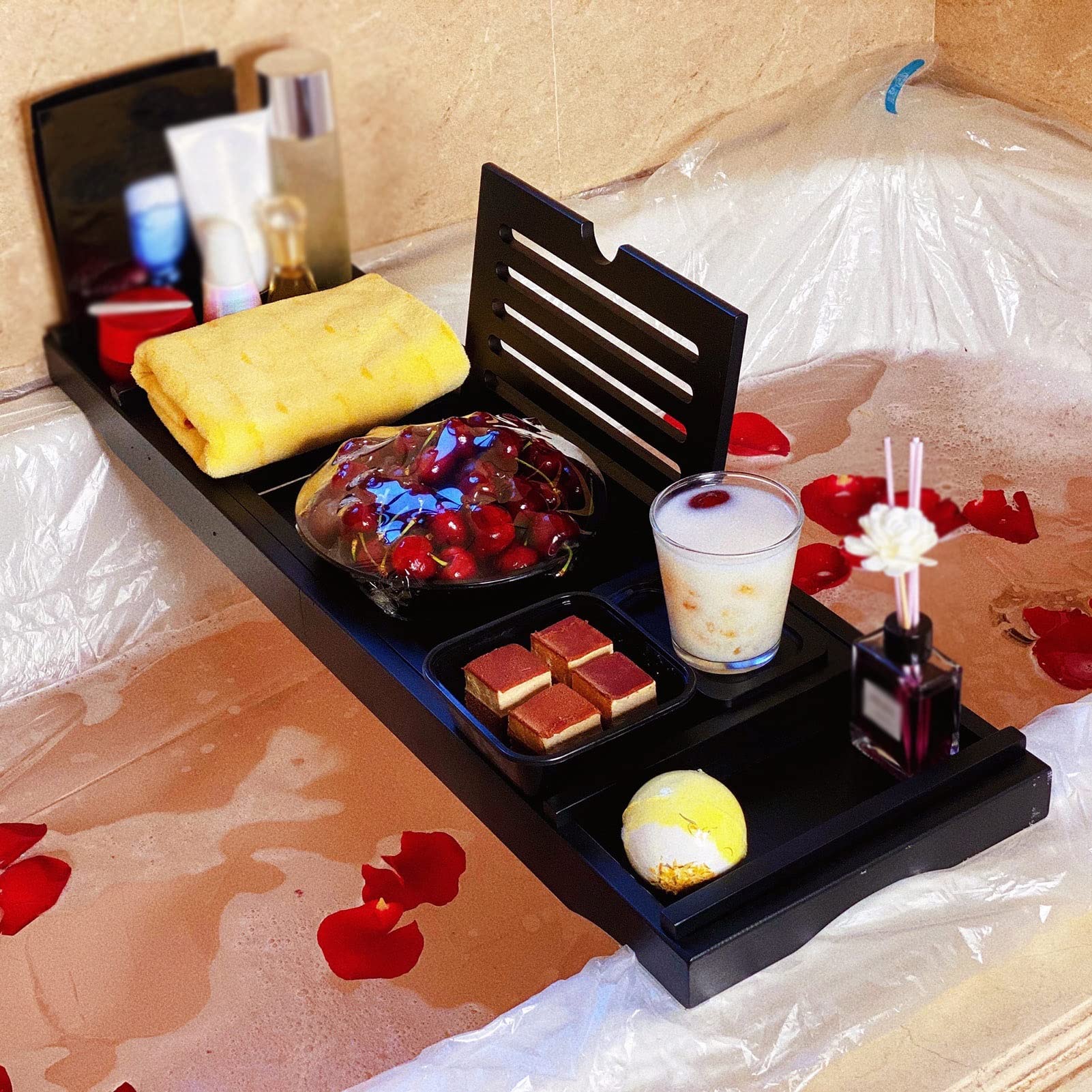 MYUYEE Bathtub Caddy Tray, Bamboo Adjustable Bath Tub Storage Shelf With Book Tablet Wine Glass Towel Holder, Extendable Bath Organizer Spa Tray, 7 Colors (Black)
