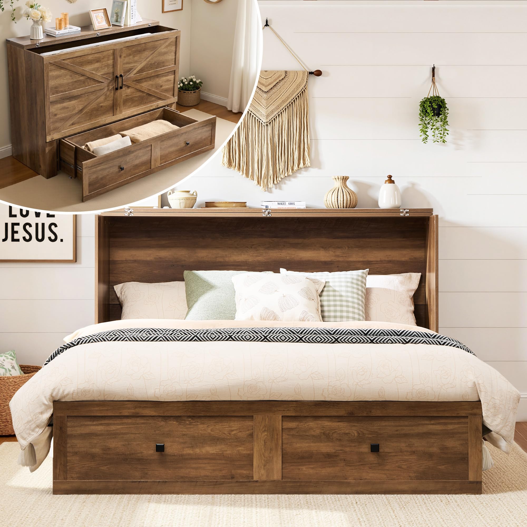 LUXOAK Full Murphy Cabinet Bed with with Storage &amp; Charging Station