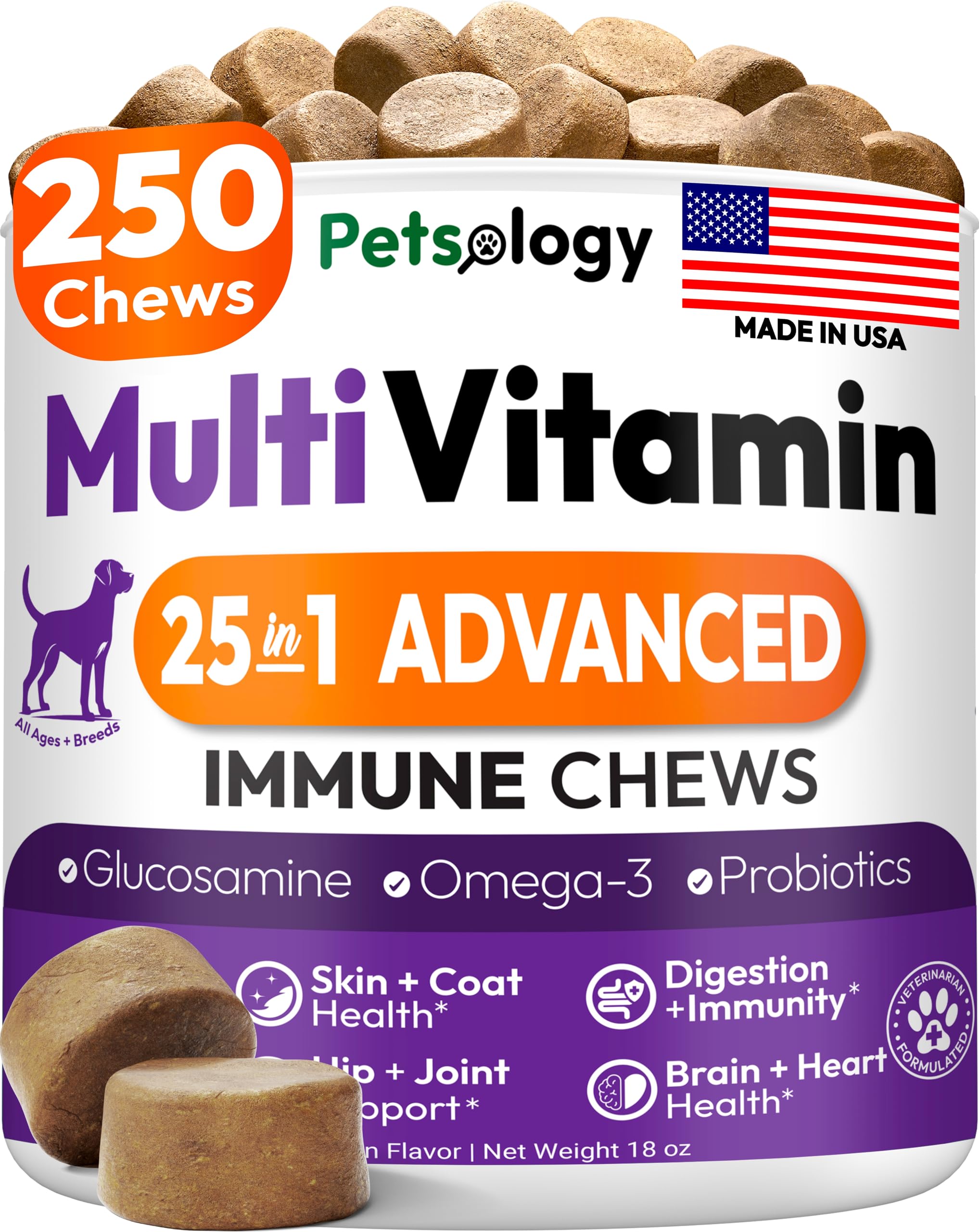 25-in-1 Dog Vitamins and Supplements - 250 Chews Dog Multivitamin Chewable