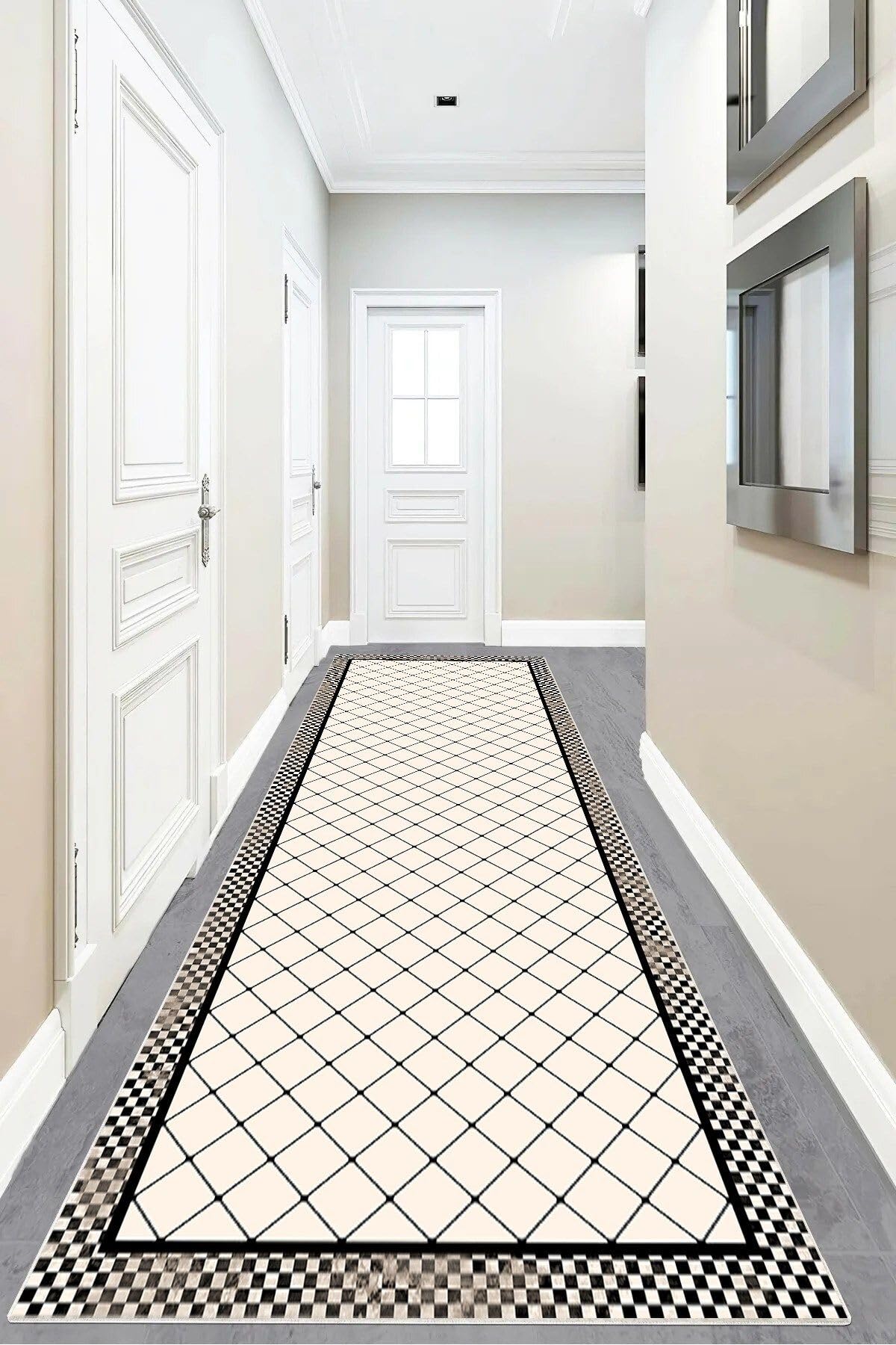 Pelangi Geometrik Desenli Dijital Baskı Yıkanabilir Kaymaz Taban Etnik Modern Desen Salon Halı, Bej-Siyah 80 x 300, 9555375803007