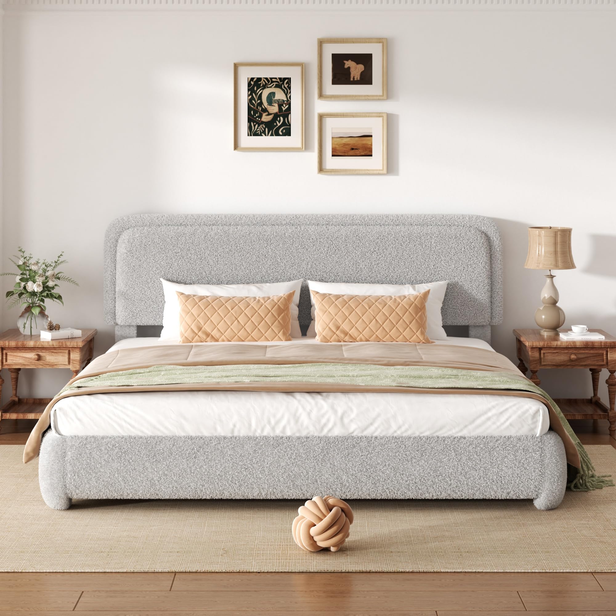wirpexhowak King Size Boucle Platform Bed Frame with 2-Levels Adjustable Headboard, Upholstered Cloud Bed, Anti-Collision Soft Rounded Corners, No Box