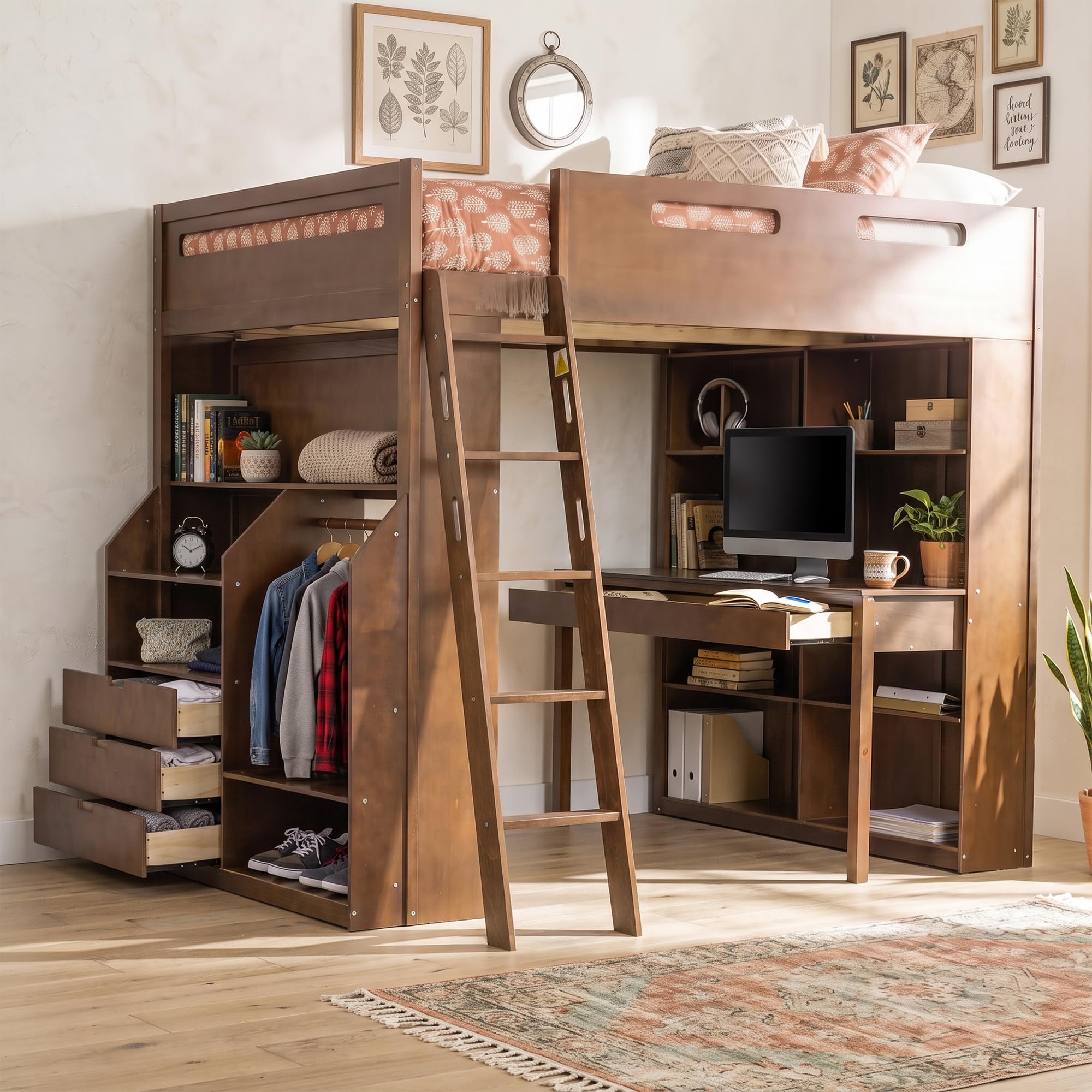 SOFTSEA Full Size Loft Bed with Desk and Storage, Antique Brown