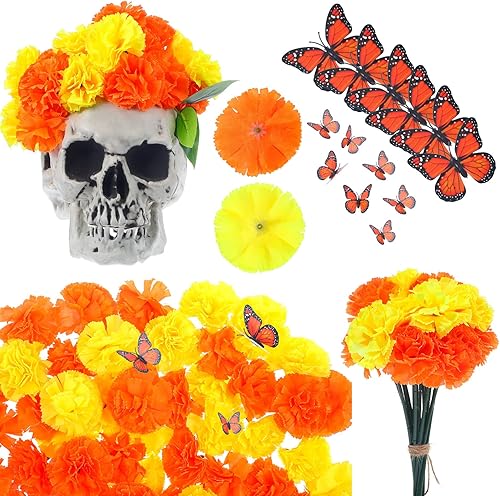 156 decoraciones del Día de los Muertos incluyen 120 flores falsas de caléndula con tallos, 36 mariposas monarca para decoración del Día de los