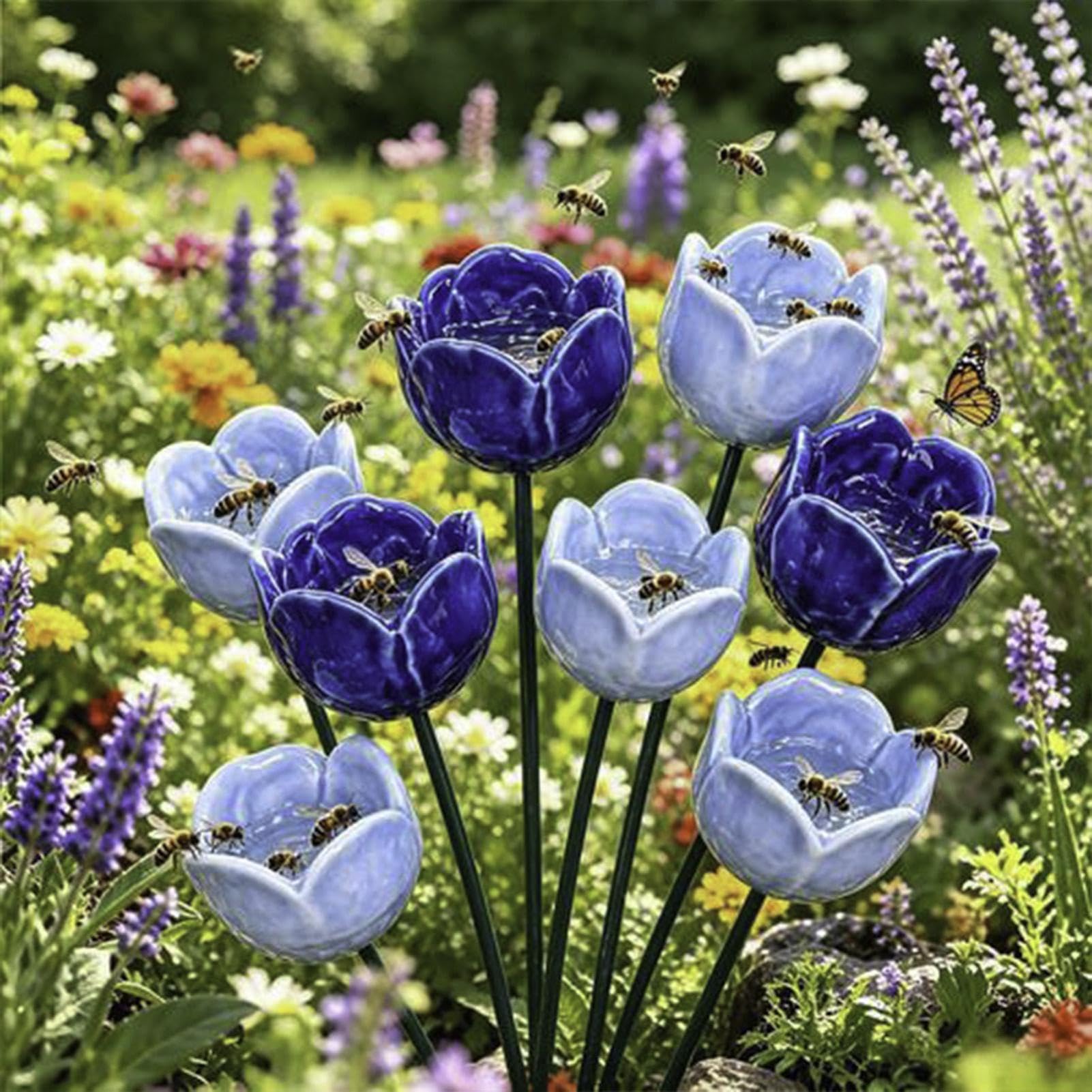 Bee Watering Station For Garden, 8PCS Bee Bath For Garden, Handmade Ceramic Flowers Shape Drinking Cup For Bees, Bees Drinking Station With Poles, Blue Watering Feeder Cups For Butterfly, Hummingbird