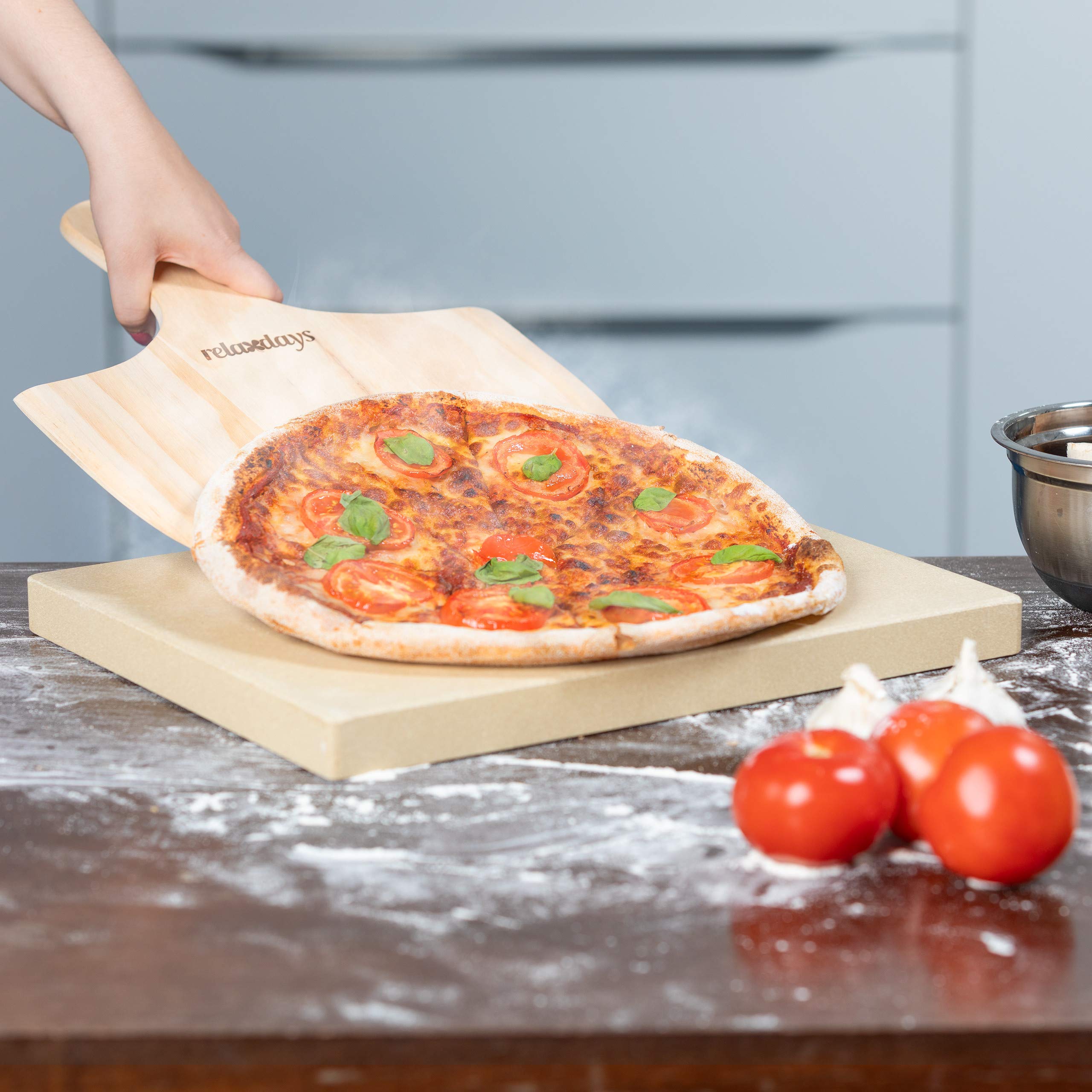 Relaxdays prostokątny kamień do pizzy, do piekarnika i na grilla, grub. 3 cm, z łopatką w zestawie, kolor beżowy