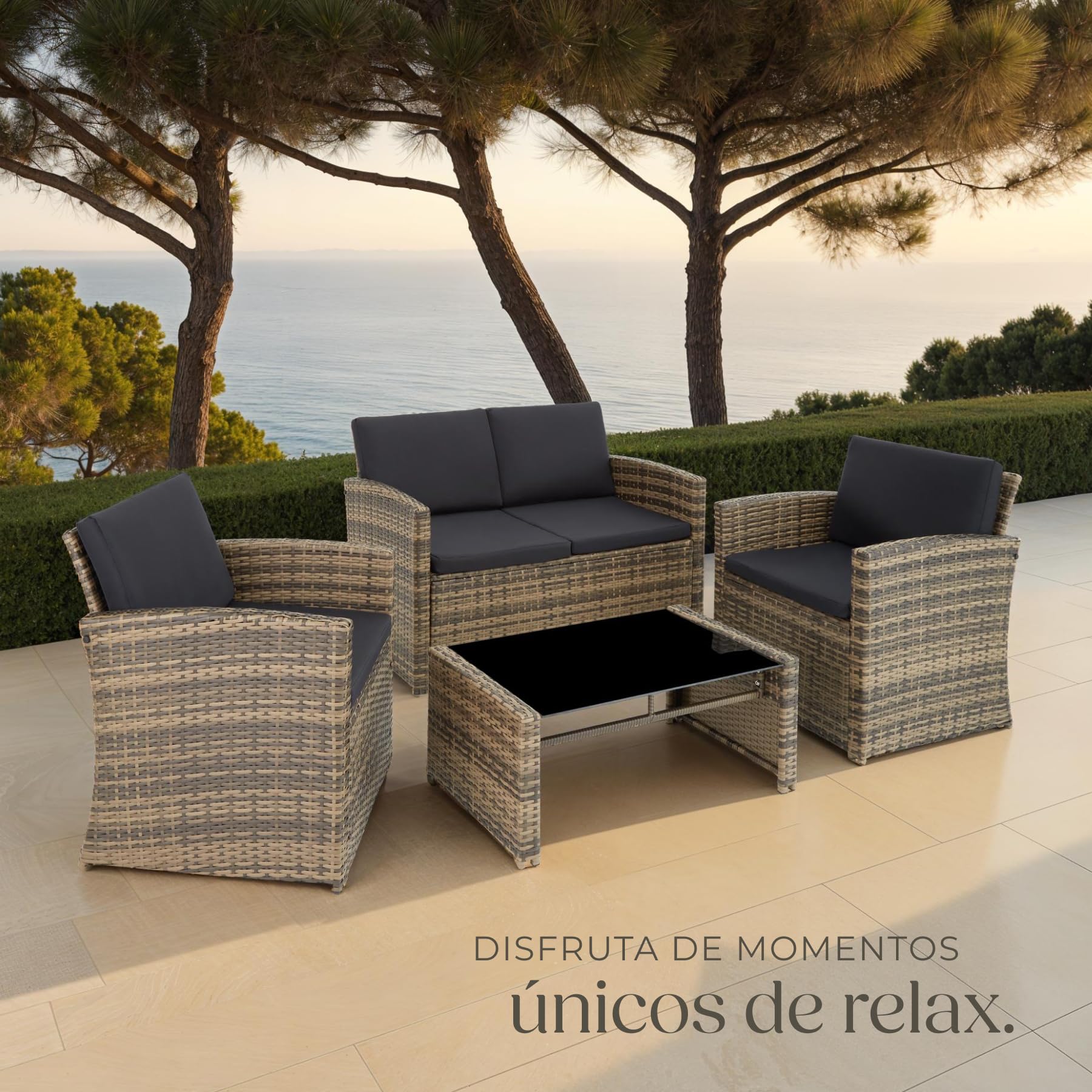 tectake® Conjunto Jardín de Ratán y Acero, Muebles Jardín Exterior, 2 Sillones 1 Sofá 1 Mesa con Cristal, Conjunto Terraza Resistente a Intemperie, con Cojines, Fundas Extraíbles - natural/gris oscuro