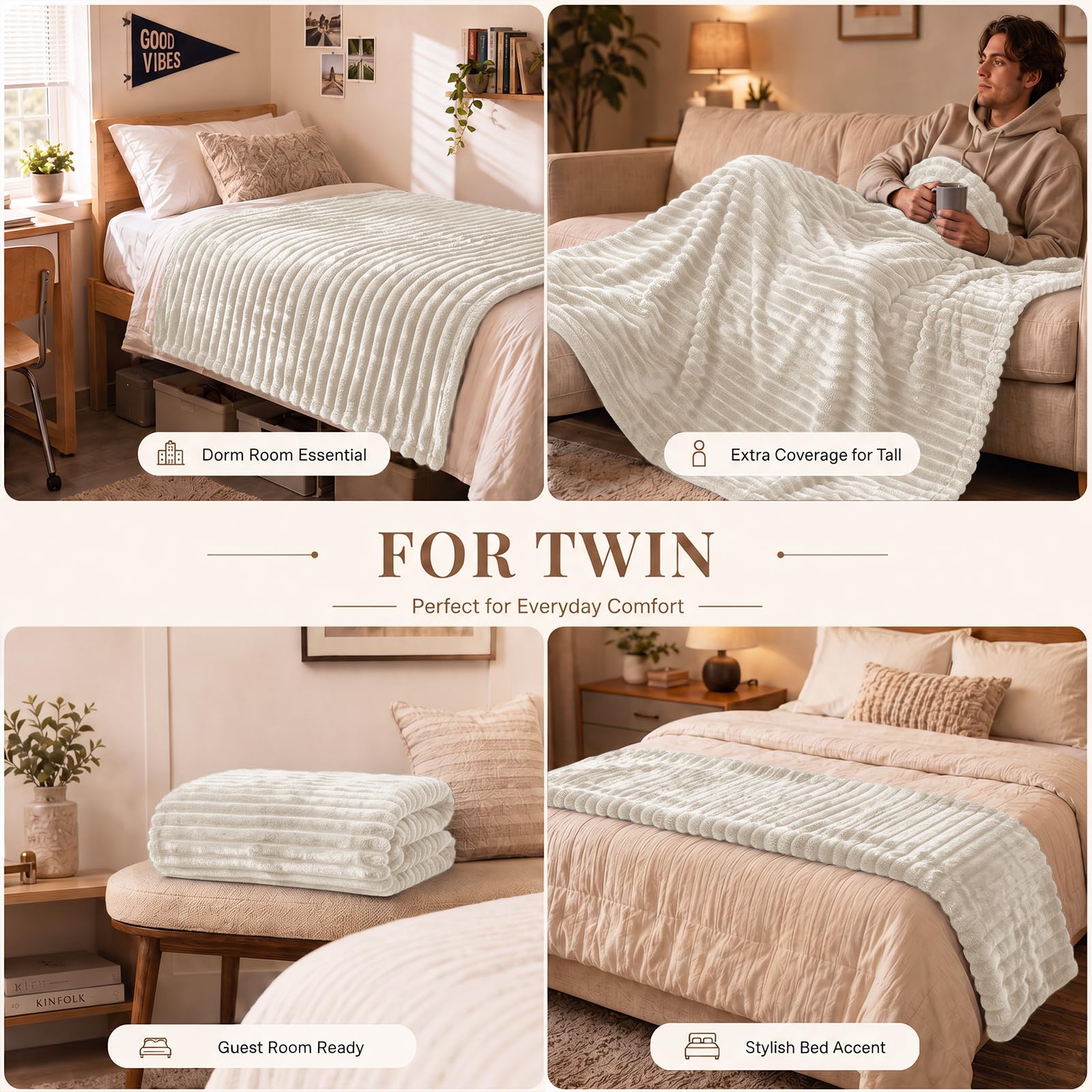 HIMEET Beige Twin Blanket for Bed, 300GSM Ribbed Fleece, 60 x 80 Inches view 4