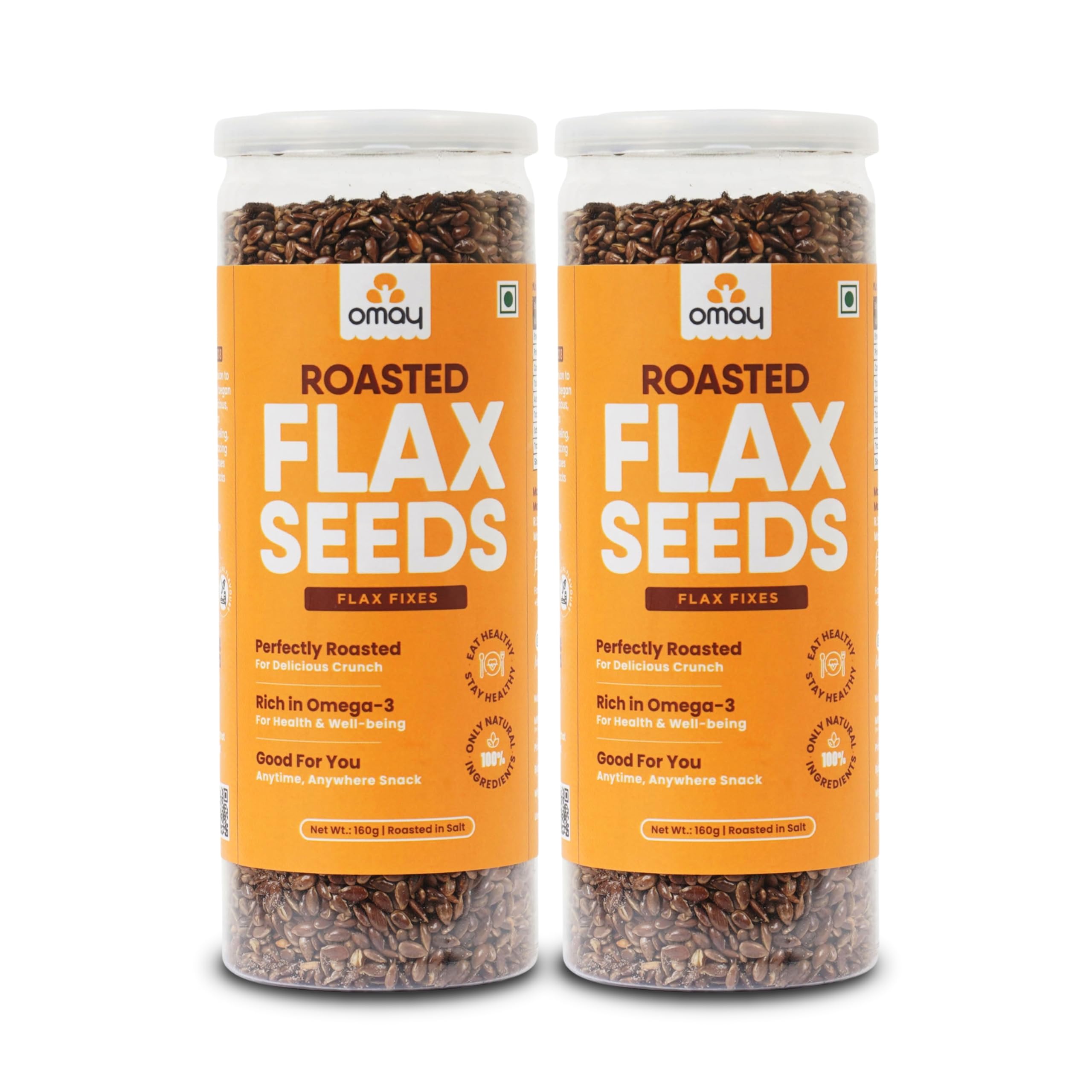 Omay Foods Roasted Flaxseeds, 160g Jar (Pack of 2) | Alsi Seeds | Omega-3, Fibre & Protein | For Hair Growth & Weight Loss | Oil-Free | Crunchy & Lightly Salted | Ready-to-Eat Superfood