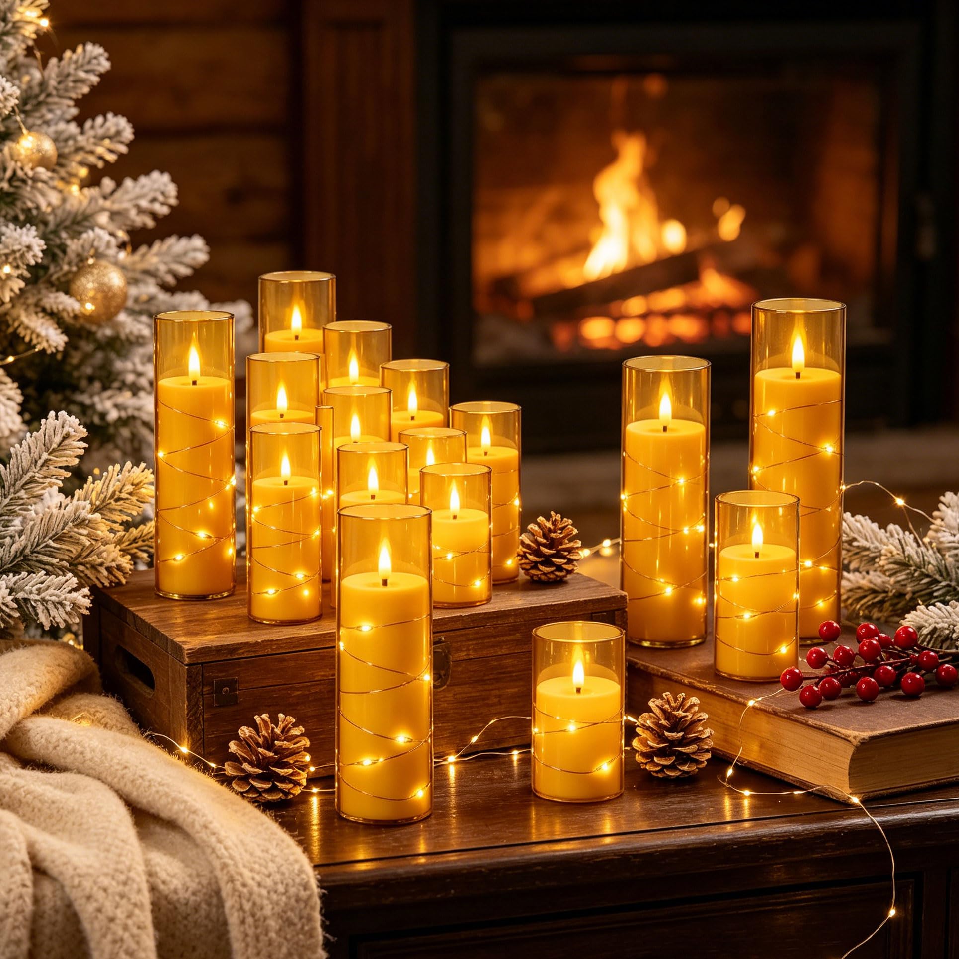 12 Bougies LED Champagne Transparentes, Guirlande Lumineuse, Flamme Scintillante Réaliste, Télécommande, Réutilisables pour Déco Intérieure et Festive