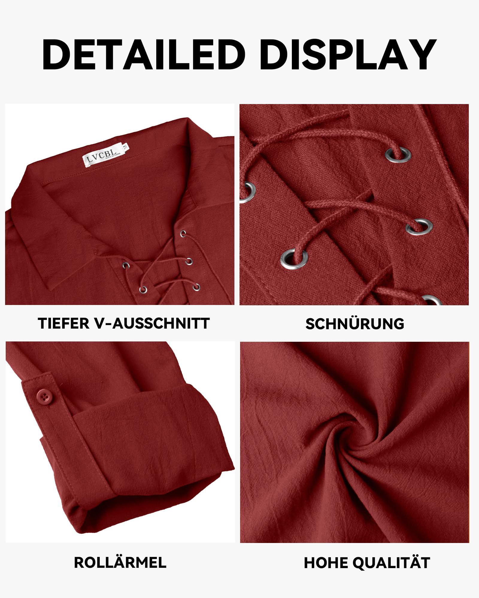 LVCBL Camicia medievale da uomo, in lino, da uomo, a maniche lunghe, da pirata, M-3XL