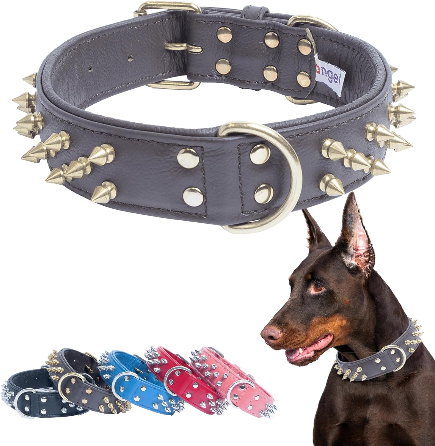 Angel Pet Supplies - Amsterdam Spiked Dog Collar, Genuine Leather Dog Collar for Large Dogs to Extra Large Dogs, Water-Resistant, Thick Dog Collar with D-Ring, Chocolate Brown Collar, 24 x 1.5 inches