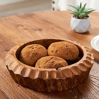 Teak Handcrafted Wooden Bowls Natural Wood Round Utility Bowl 7.9" W Handmade Rustic Serving Platter Fruit Snack Holder for Entry Table Vintage Artworks Dining Room Home Décor