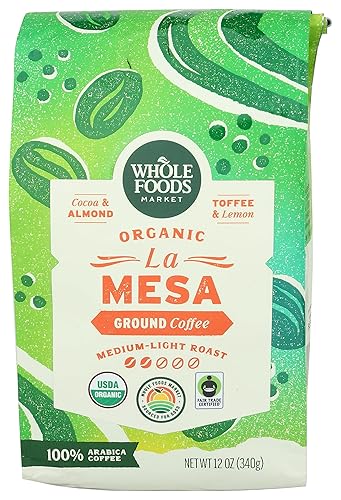 Whole Foods Market, Organic La Mesa Café molido tostado medio ligero, cacao, almendras, caramelo y limón, 12 onzas