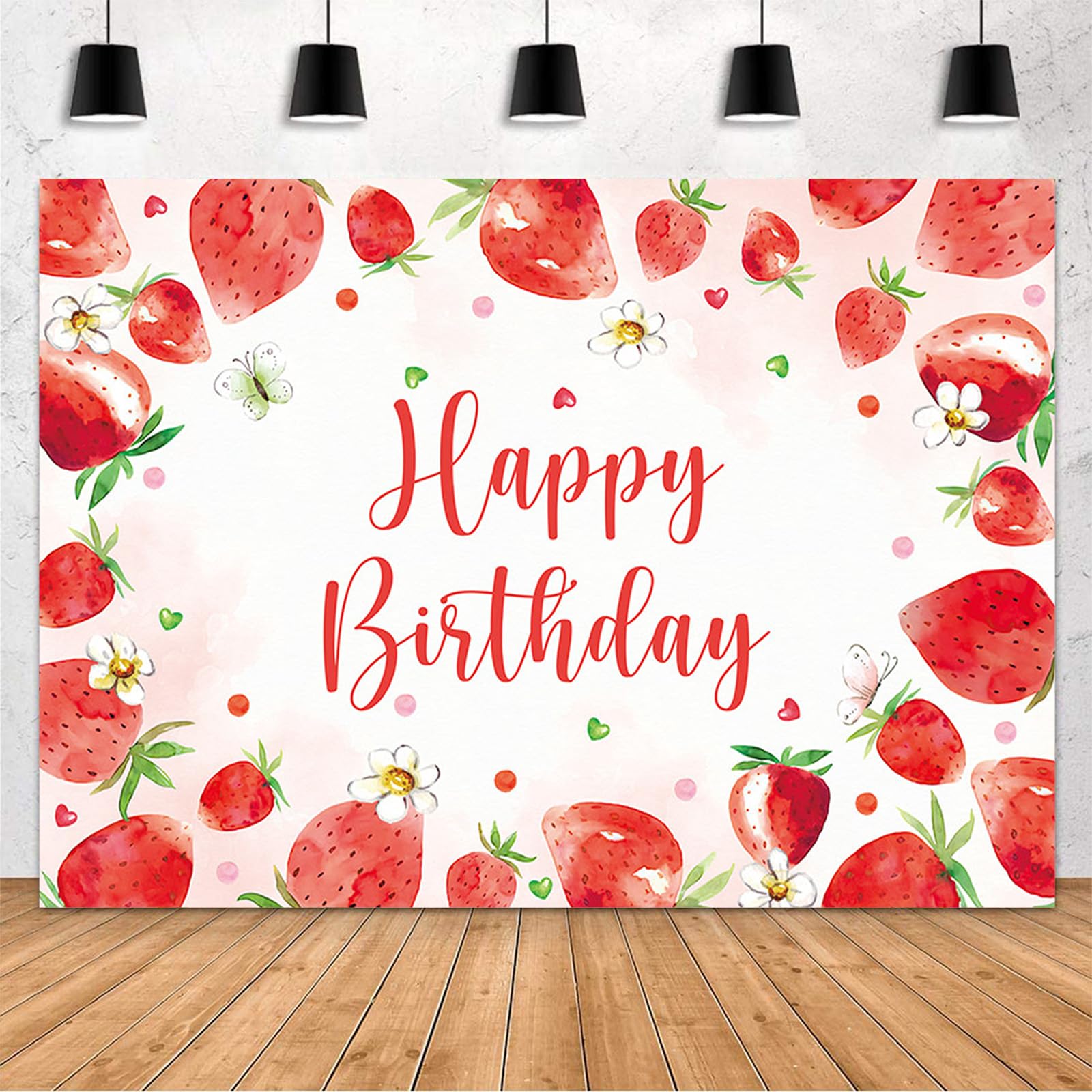 MEHOFOND 7x5ft Strawberry Happy Birthday Backdrop Strawberry Girl Birthday Party Decorations Banner Sweet One Girl Birthday Background Photography