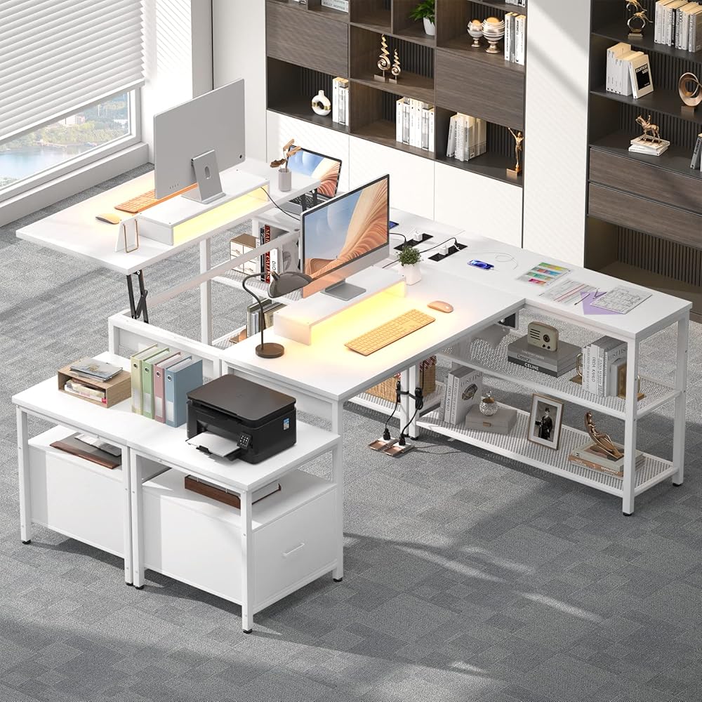 Aheaplus L Shaped Desk with Power Outlet, Standing Home Office Desk