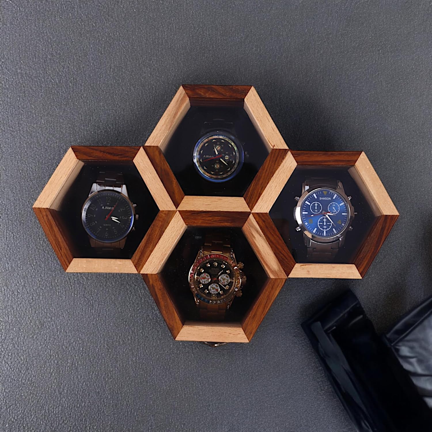 TIMBER TOUCHES Modern Watch Storage Box | Honey Comb Shape With Hinged Lid Display Case & Lock Holder | Wrist Watch Wood Box Portable Organizer for Men & Women Gift (4 Slot Rosewood)