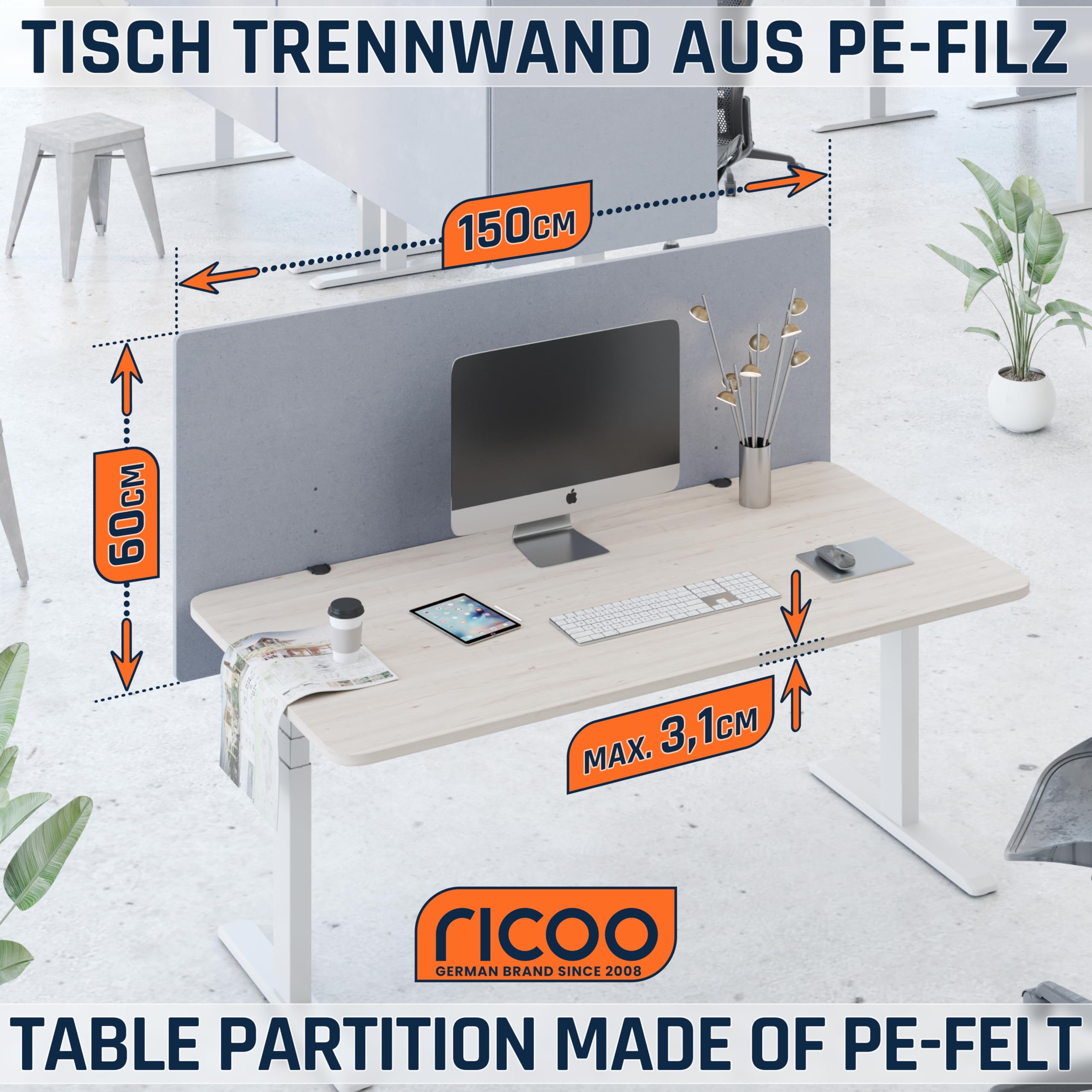 RICOO Akustik Trennwand Schreibtisch 150 x 60 x 2 cm Sichtschutz Filz Grau Schallschutz Büro ZAP1560-G Tischtrennwand Home Office Pinnwand