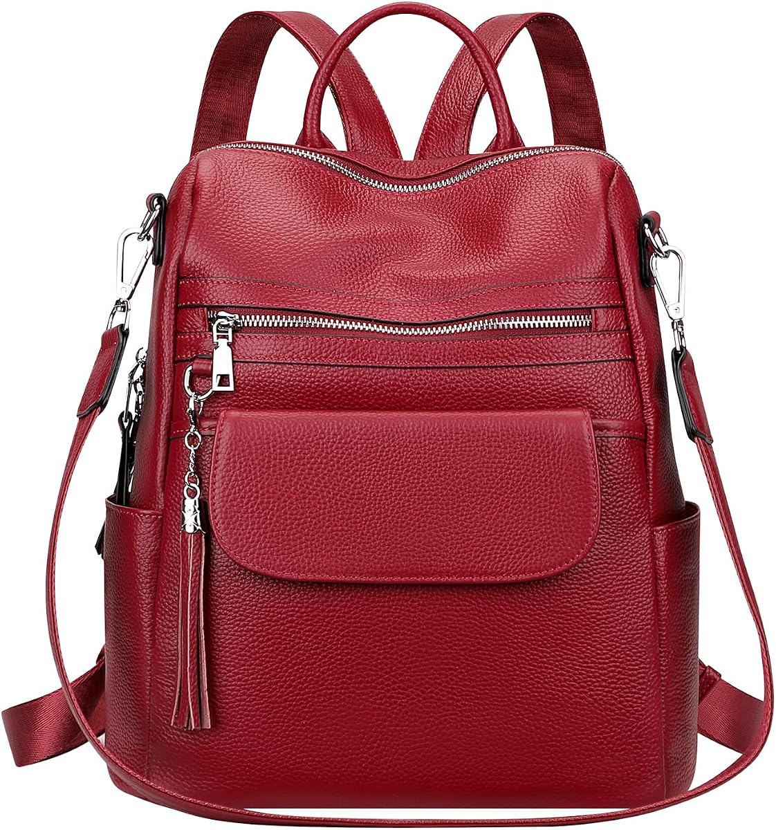 Genuine Leather Backpack Purse for Women Convertible Shoulder Bag | Multi-pockets with Front Flap, Convertible Carry, Fits 11" ipad, Tassel Accent, For Travel, Commute, Dating, S115 Wine Red
