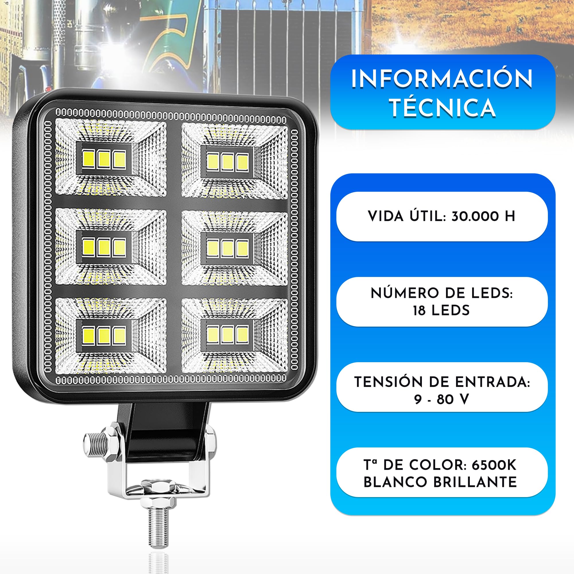 Foco led 12v 2 uds Aluminio abs 18 Leds 6500K 8.4 cm 3.34" IP65 Maxima luminosidad Faros Tractor 4x4 Largo Alcance - 2