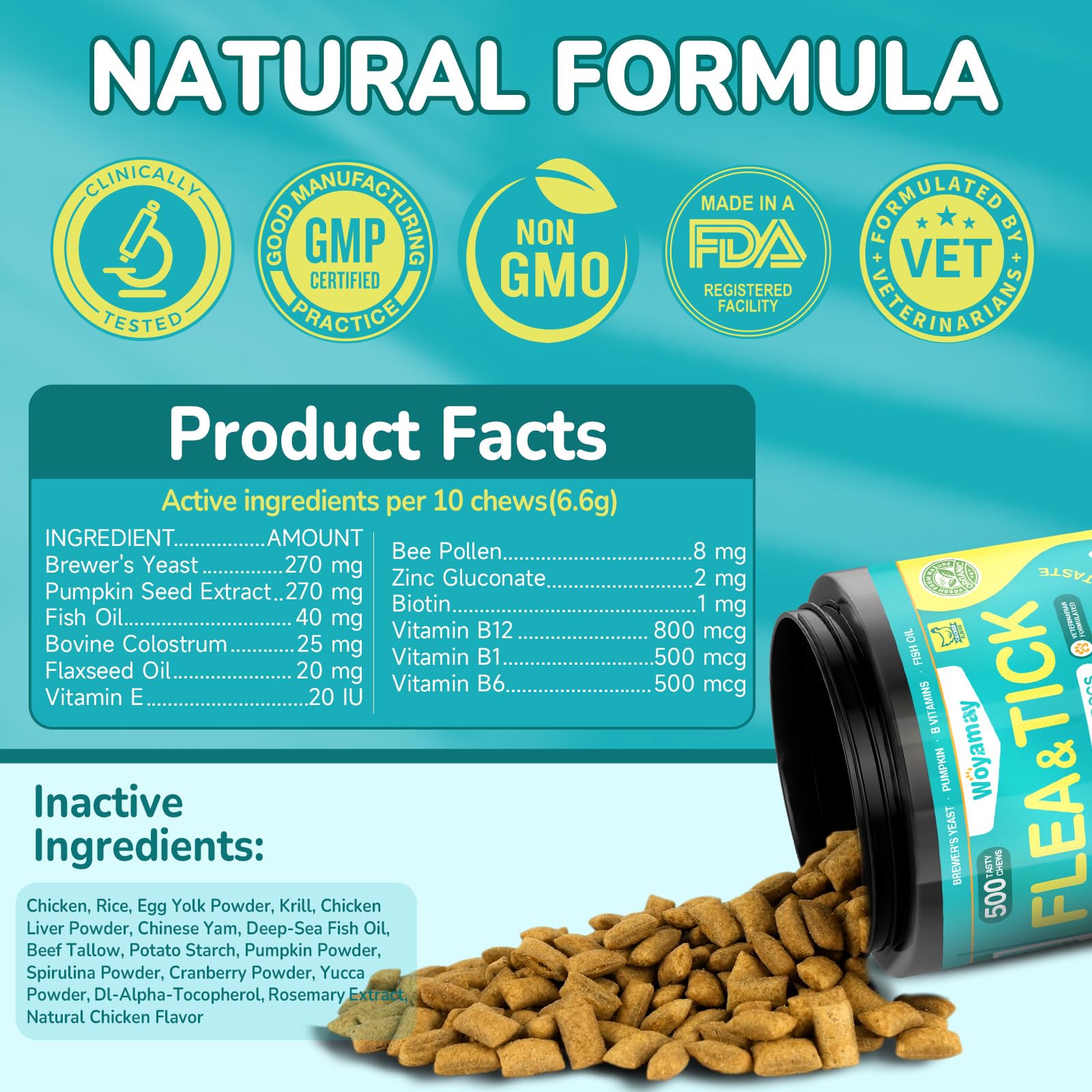 4-IN-1 Flea and Tick Prevention for Dogs, 500 Crunchy Dog Flea Chews, Dog Flea Treatment, Natural Oral Flea Treatment for Dogs, Daily Support for Flea, Skin & Coat, Gut, Immune, Chicken Flavor