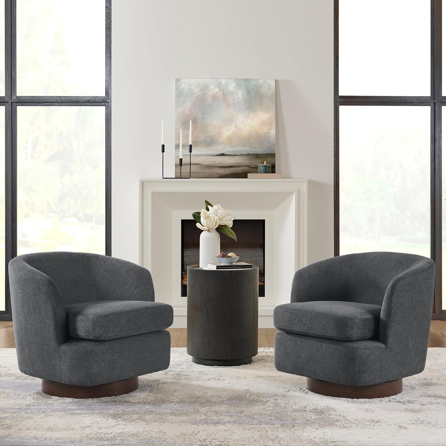 Swivel Accent Chair Modern Barrel Armchair with Wood Base for Bedroom Reading Waiting Living Room,2 PCS,Dark Gray
