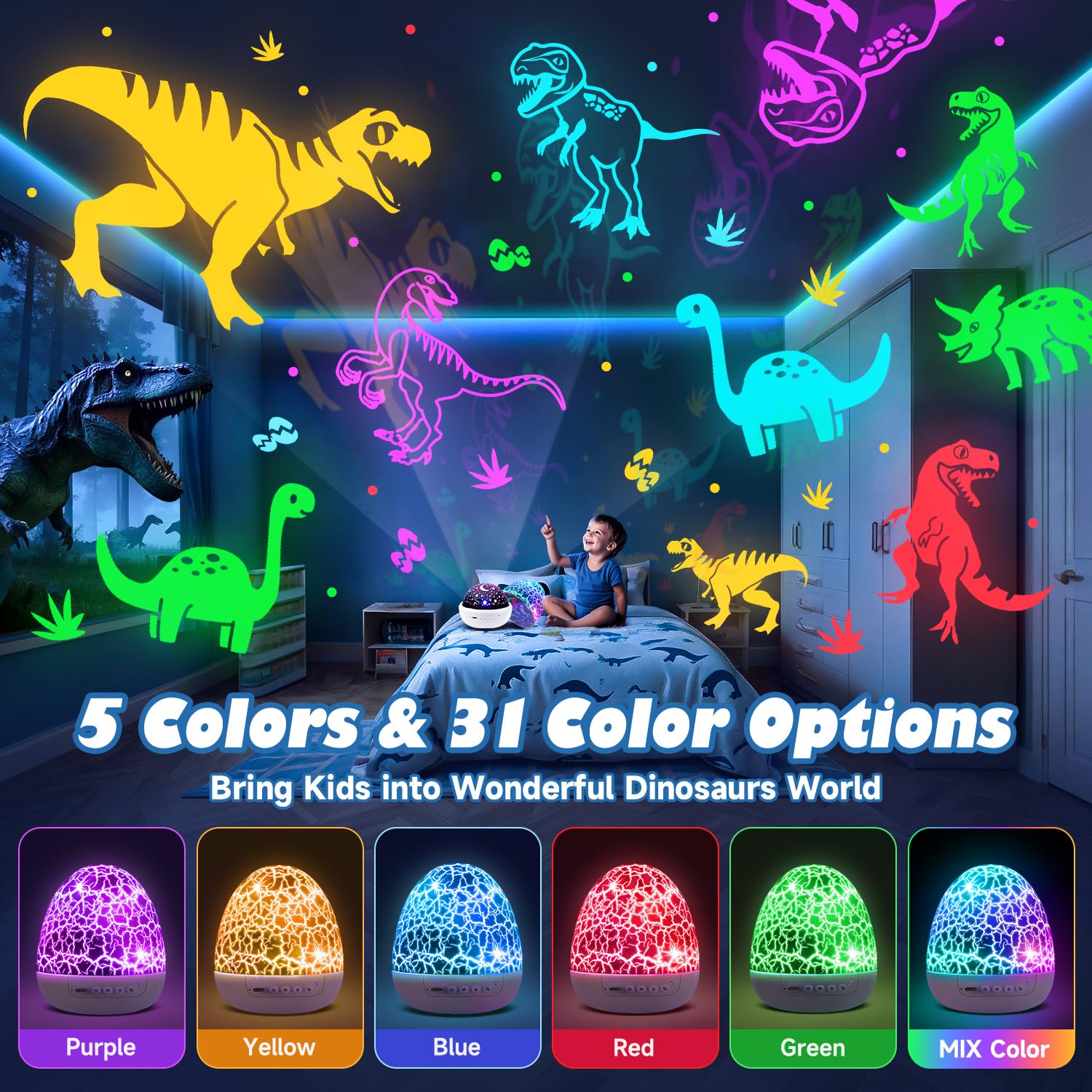 PIKOY Dinosaur Night Light Projector | 15 Sounds & 3D Films | 31Colors & Remote Control | Dinosaur Toys for Kids 3-8, Toddler Toys, Boys Room Decor, STEM Educational Gifts