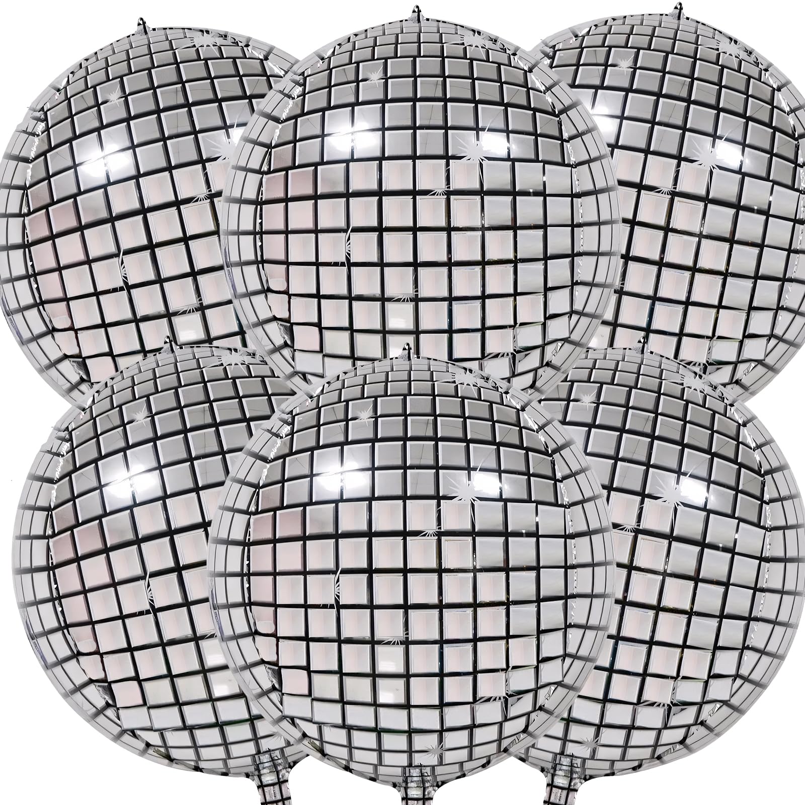 6 Pieces 22 Inches Large Silver Disco Ball Balloons - Large 4D Round Foil Mylar Mirror Balloons for 70s Disco Dance Decorations Birthday Wedding