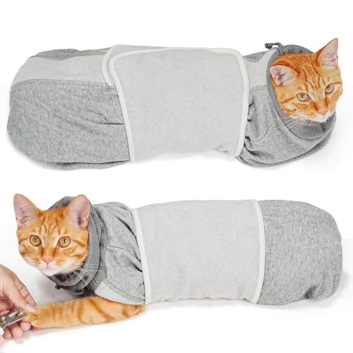 Supet Self-Adhesive Cat Grooming Wrap, Cozy Cat Wrap for Cutting Nails, Breathable Anti-Scratch Cats Swaddle Bag for Brushing, Ear Cleaning, Dental Care, Medication, Injections, Grey L - Grey - S: (7-11 Pound)
