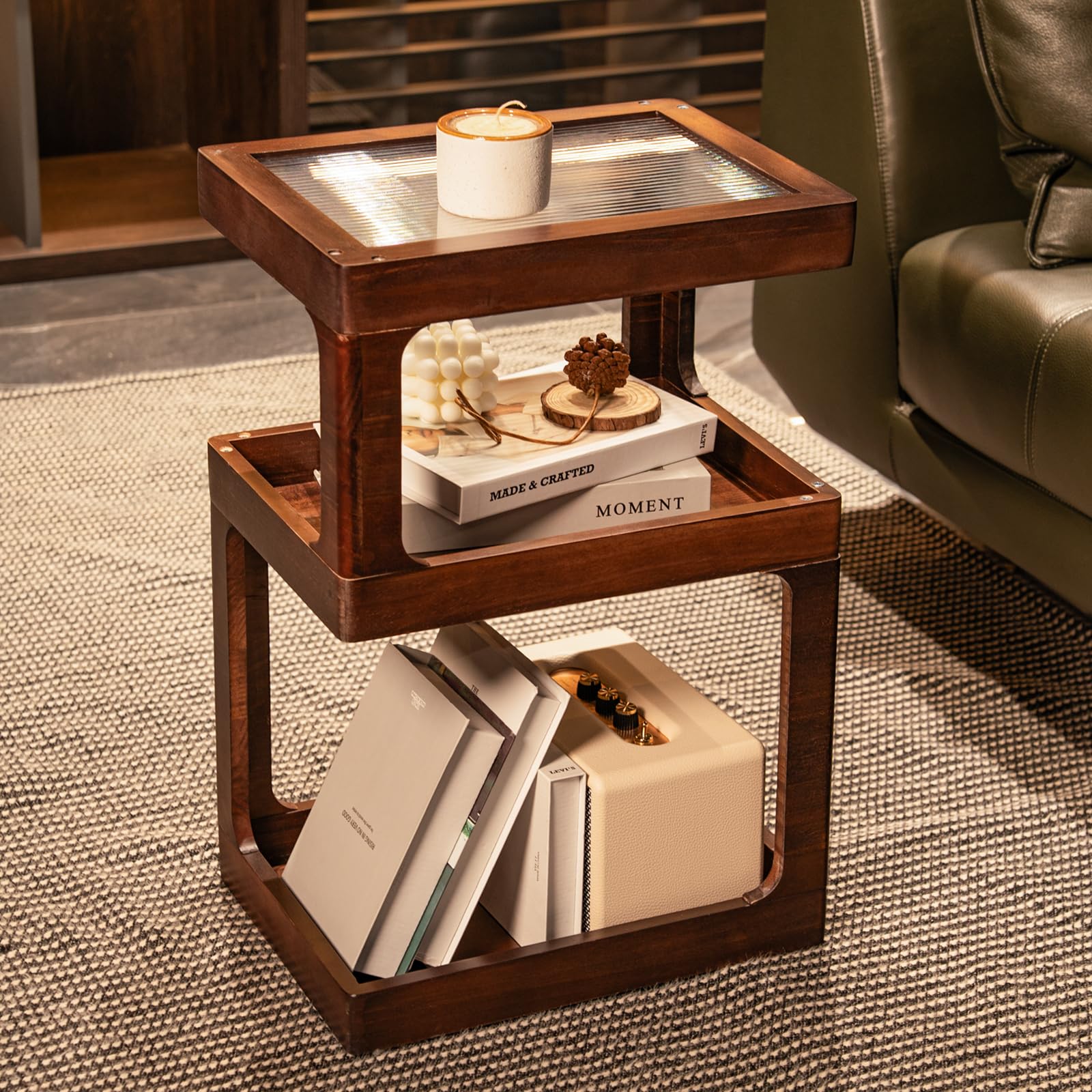 Nachttisch aus massivem Kiefernholz, Stabiler Beistelltisch für Boxspringbett, moderner Couchtisch klein mit Schublade für Schlafzimmer, Wohnzimmer, Holz-Nachtschrank 40x30x61 cm