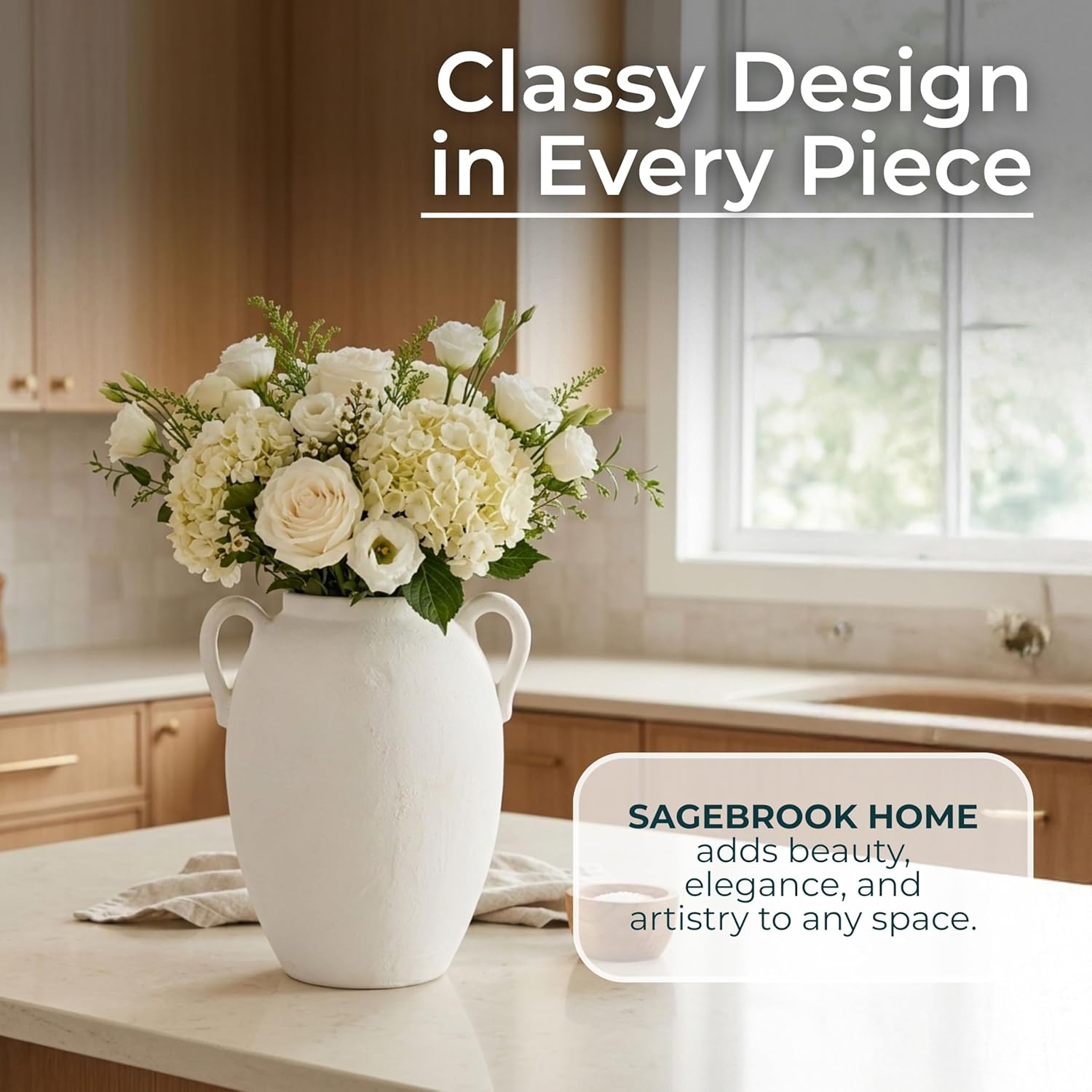 Elegant Ceramic Jug Vase with Textured Handles for Living Room Decor and Home Accents - Decorative Flower Vase for Room, Bedroom, or Office Display - Ideal for House and Table Styling - 10", White