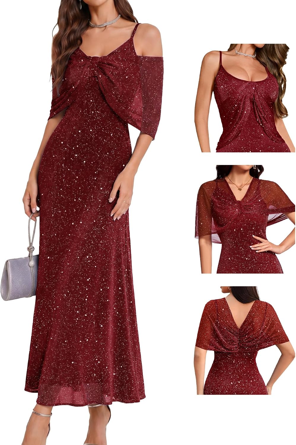 BeryLove Women Elegent Formal Sequin Cocktail Party Long Dress with Shawl | Glitter Wedding Guest Evening Prom Gown Dresses,2-in-1 Versatile Shawl,Sequins That Stay Put,Comfort Meets Elegant