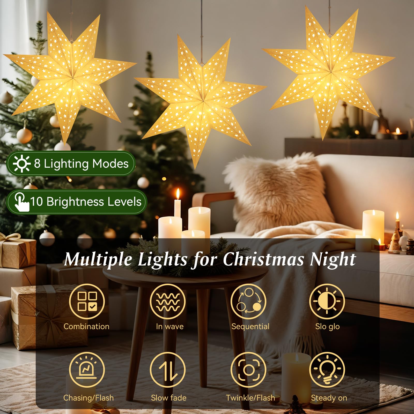 Lewondr Weihnachtsstern Beleuchtet 3 Stück, 45cm Papiersterne Weihnachten | Hängende Sternenlichter mit Ausgeschnittenen Sternen, LED Stern mit Fernbedienung, Weihnachtsdeko Papierstern für Innen