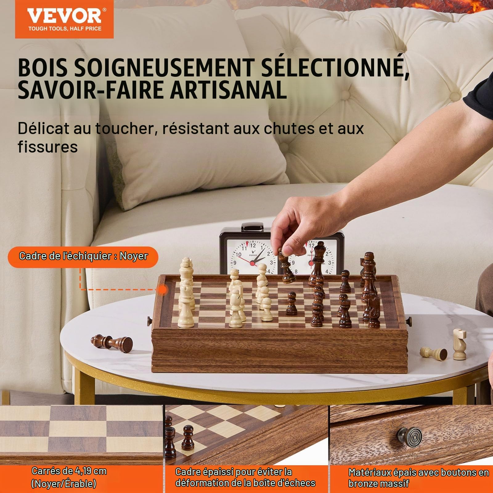 VEVOR Jeu d'échecs en Bois, 380 mm, Jeu d'échecs et de Dames 2 en 1, échiquier avec tiroir de Rangement, pièces de Dames d'échecs lestées et 2 Reines, pour Adultes, Enfants, Professionnels, débutants