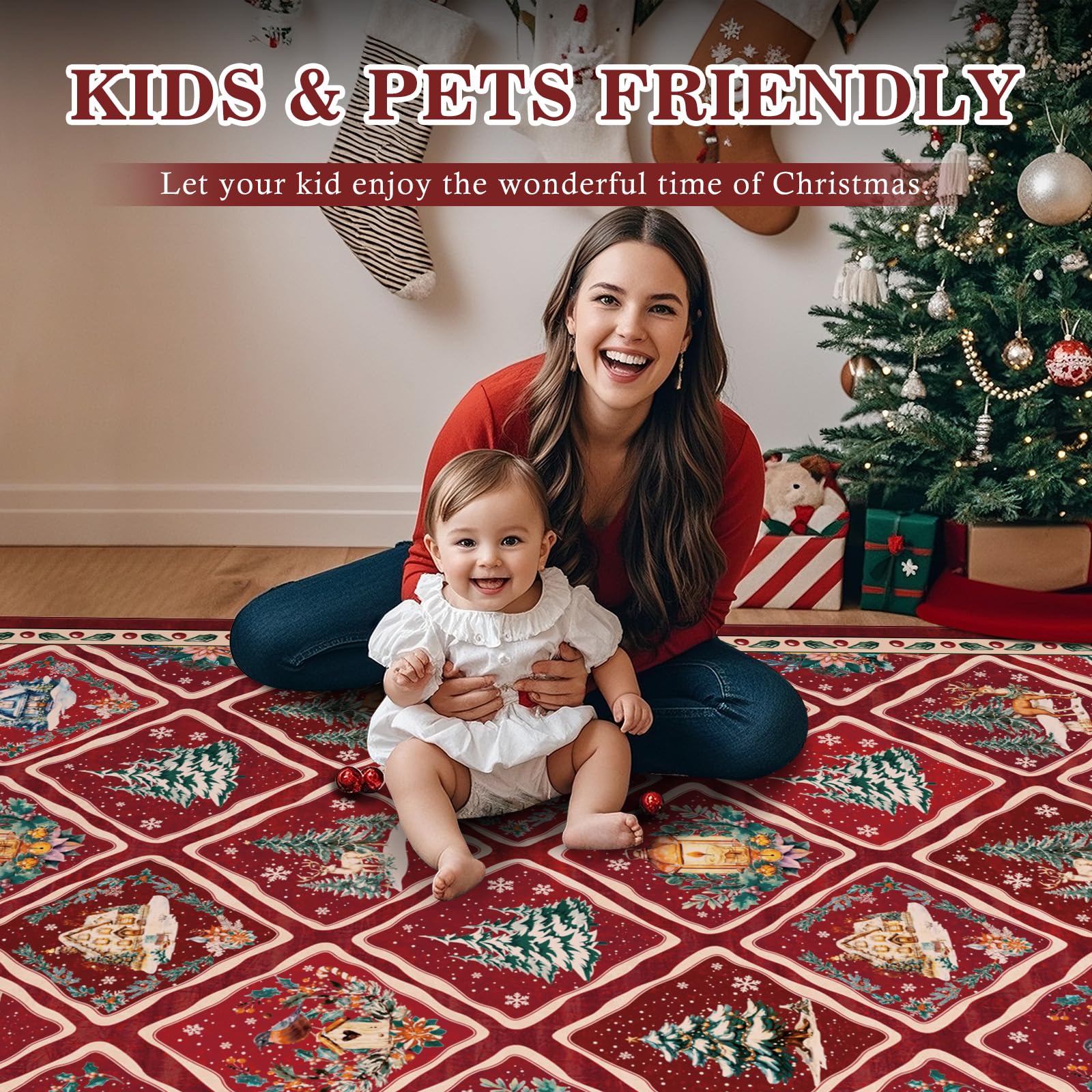 Tapis de Noël pour salon, 120 x 180 cm, lavable, rouge, antidérapant, doux, à poils courts, pour salle à manger, chambre d'enfant, bureau, décoration de vacances