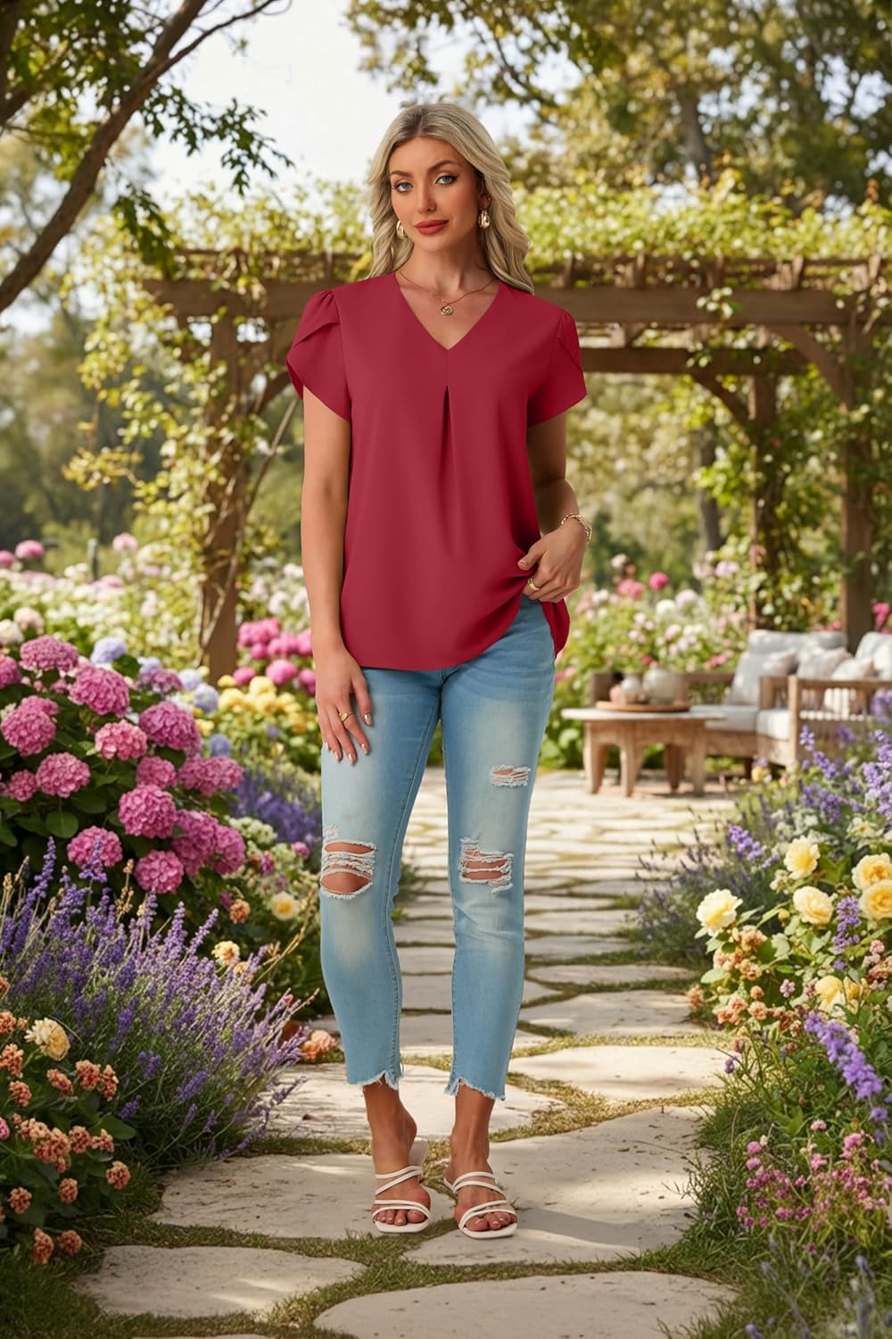 Lepunuo Womens Spring Tops Summer Dressy Casual V Neck Short Sleeve Blouses Flowy Shirts Business Work Tunic Tops - Image 2