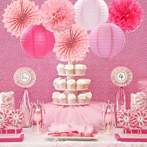 Miniatura 2 de Serpentinas de decoración de fiesta de color rosa intenso  14 linternas de papel para baby shower de cumpleaños de niña, pompones de tejido, bolas