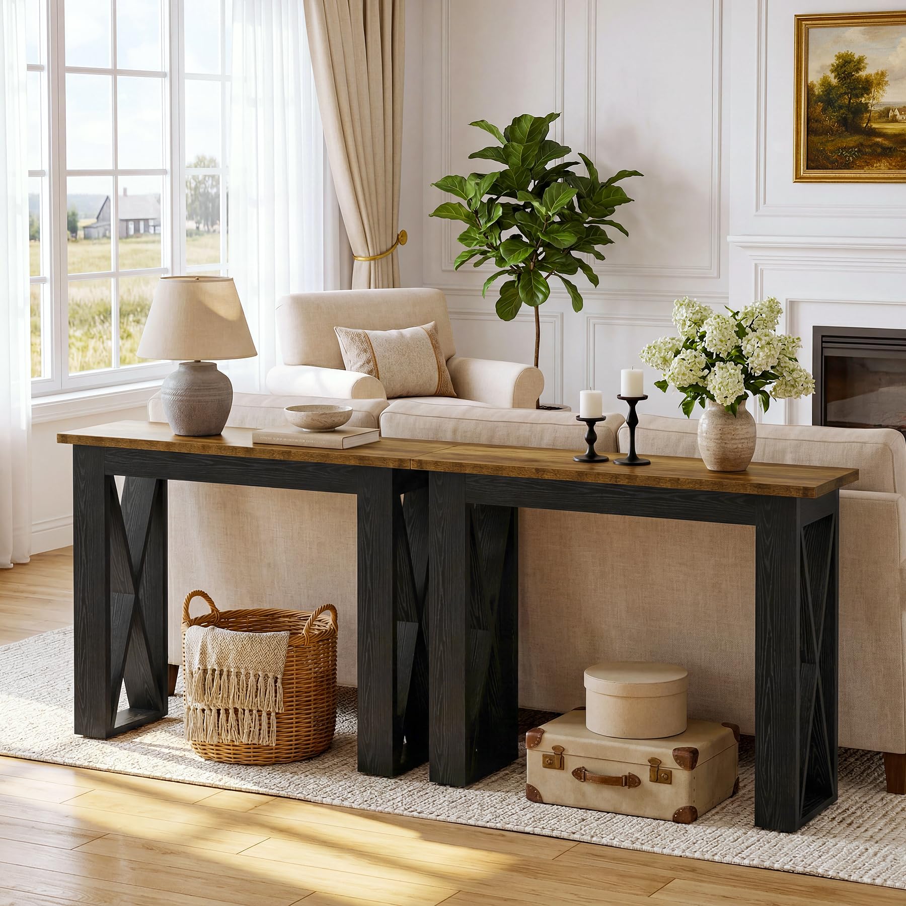 Tribesigns Mesa Consola Estrecha Industrial de 105 cm, Consola de Entrada para Sofá con Patas Metálicas para Salón, Entrada, Cocina, Dormitorio, Marrón Rústico y Negro