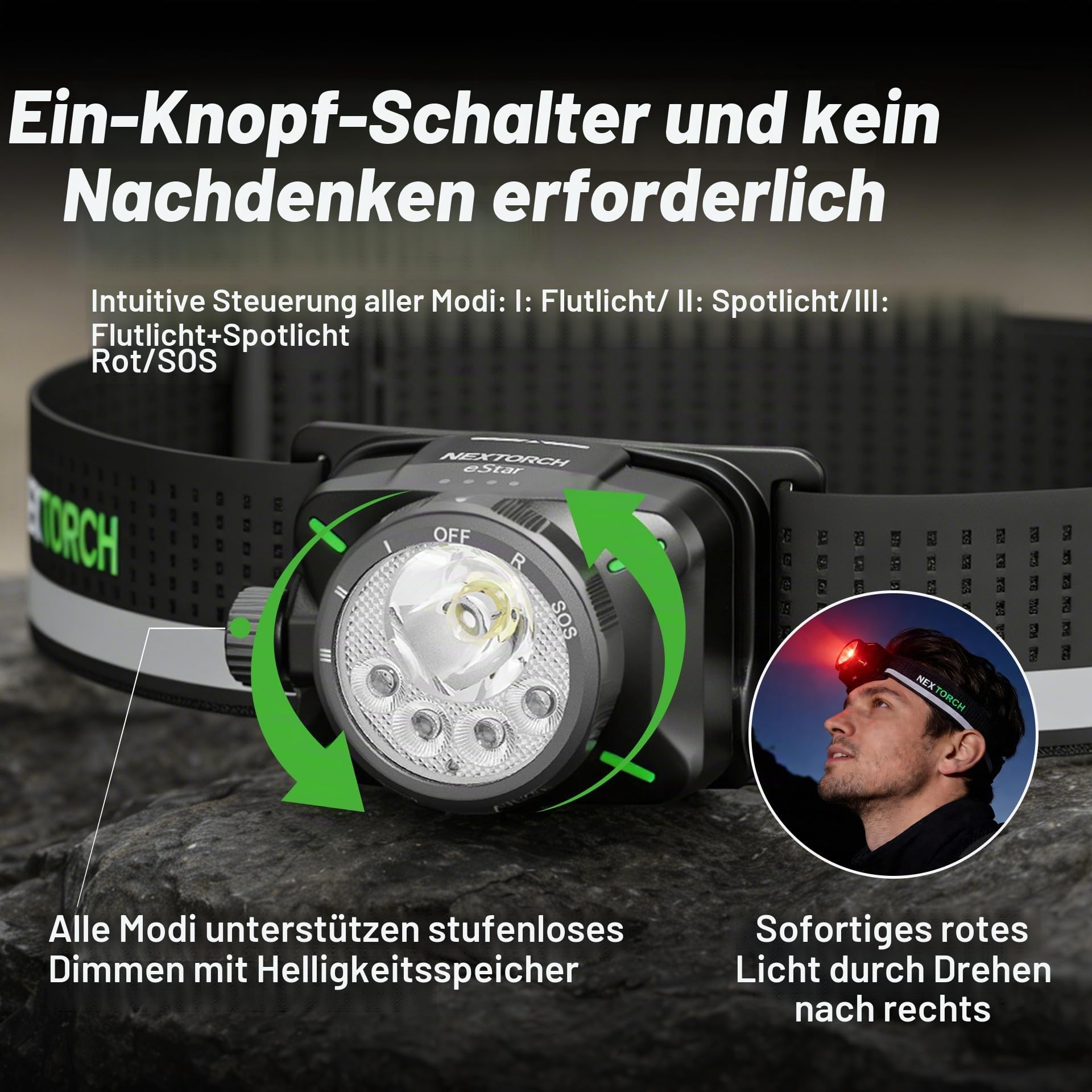 NEXTORCH eStar Stirnlampe 1300 Lumen, Aufladbare LED Kopflampe Ultraleicht mit Rotlicht, Wasserdichtes Stirnband für Outdoor, Camping, Wandern, Laufen & Joggen & Arbeit, 2 x 1200 mAh Akkus, USB-C