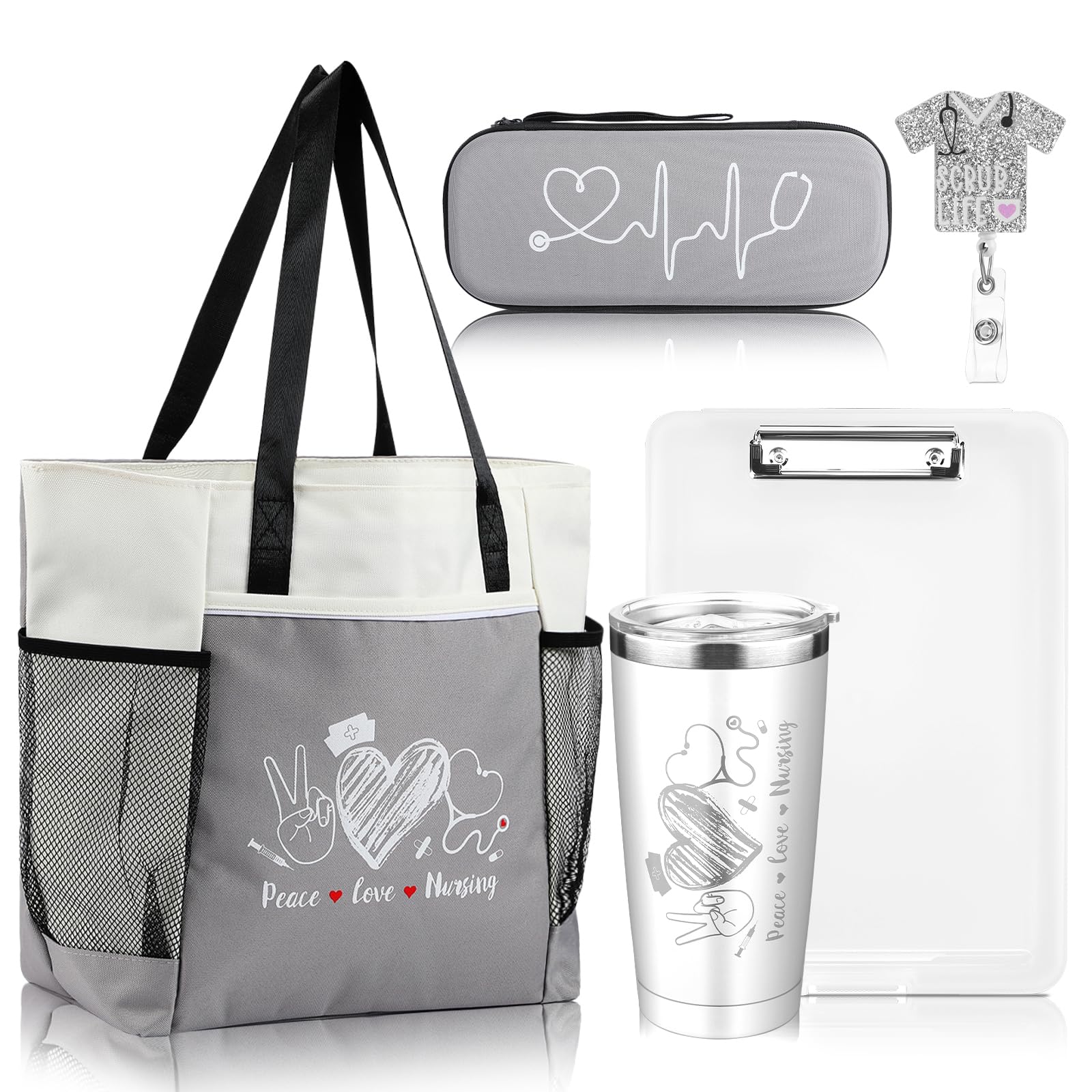 Sabary 5 Pcs Nurse Gift Peace Love Nursing Graduation Gift Set Include Nurse Bag, Stethoscope Storage Case, Tumbler, Nurse Badge Reel, Nursing Clipboard for Nurse Work Accessories (White,Classic)